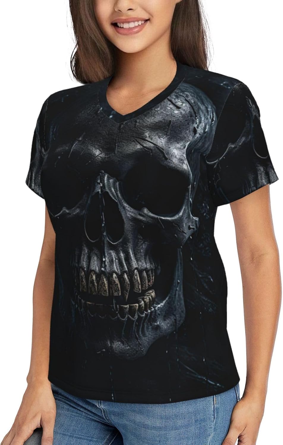 Womens Black skull1 Print Short Sleeve V Neck T-Shirts Casual Breathable Tee Basic Summer Tops 2026