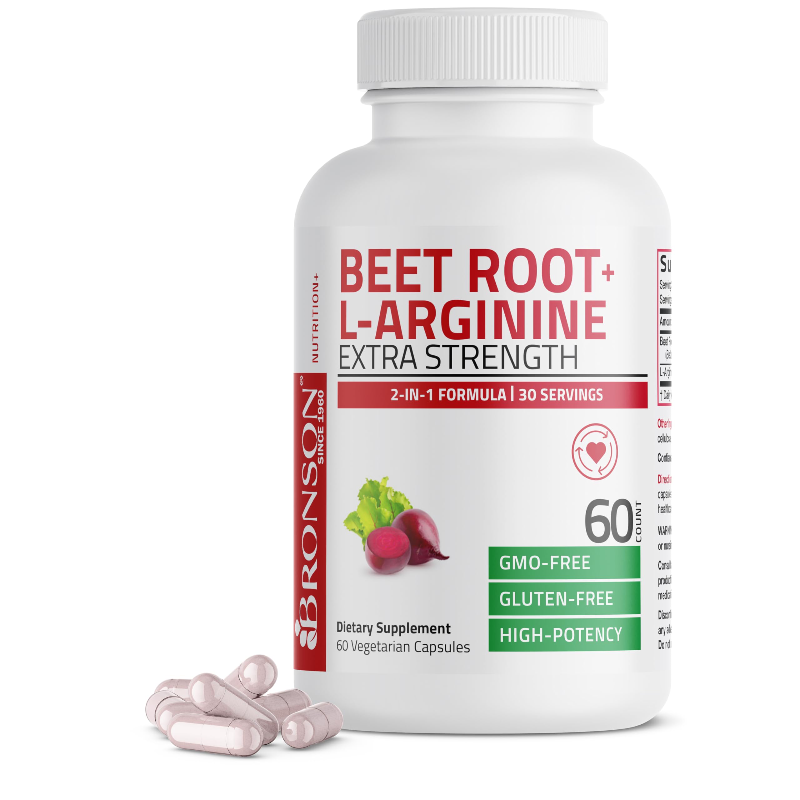 Bronson Beet Root + L-Arginine Nitric Oxide & Stamina Support, 60 Capsules 60 Count (Pack of 1)