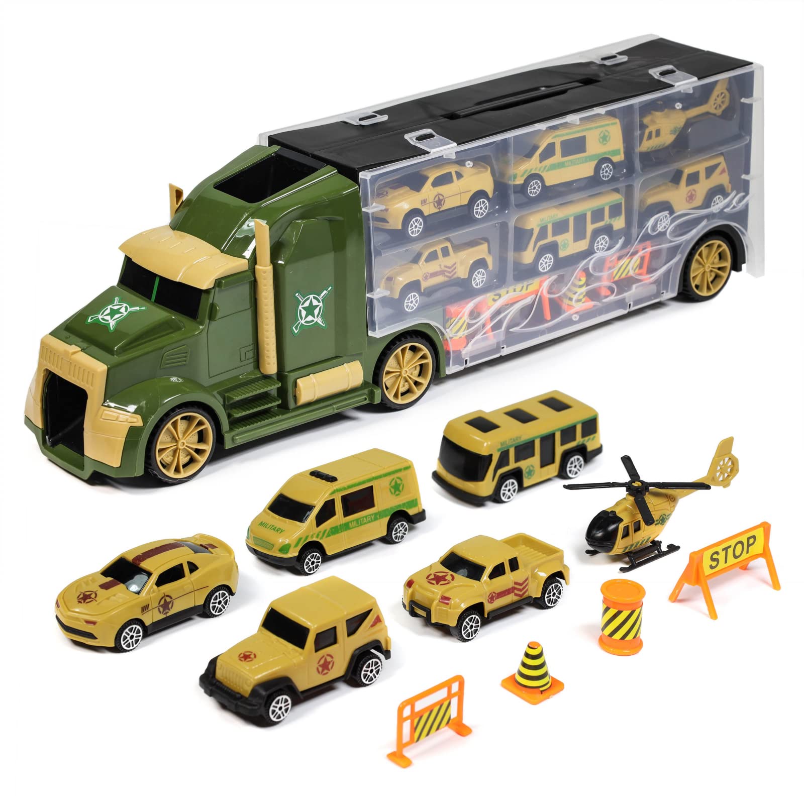 Kidplokio Army Men Diecast Car Carrier Transporter Truck with 6 Die Cast Toy Cars Vehicle Playset, Boys, Ages 3+