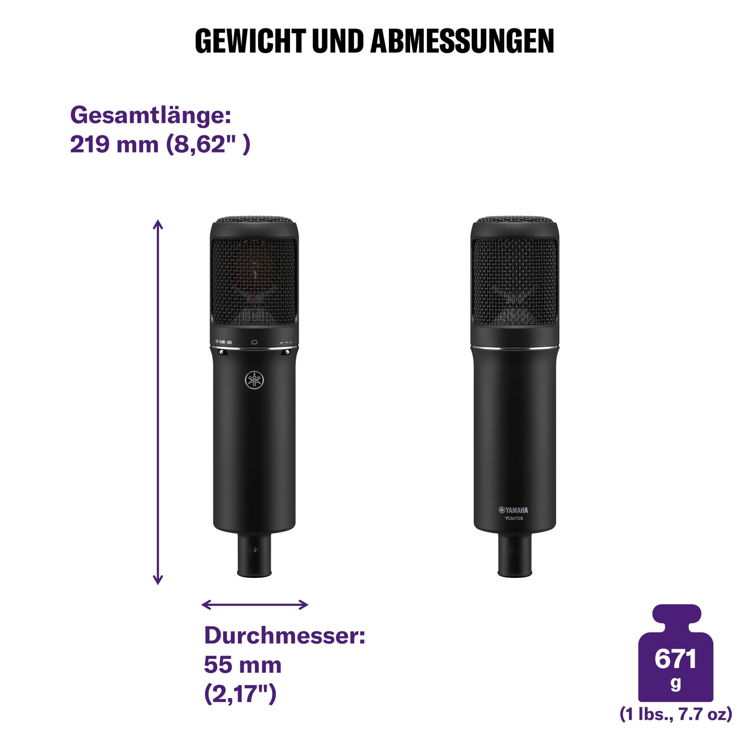 YAMAHA YCM705 Kondensatormikrofon – Studioqualität, 1"-Großmembran, PAD -10/-20 dB, Low-Cut-Filter, Frequenzgang 20 Hz–20 kHz, hoher Dynamikumfang – Schwarz