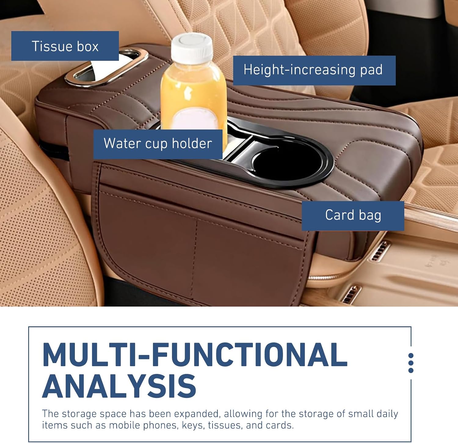 Car Armrest Cushion, Leather Center Console Cover Protector, Multifunctional Storage Pad with Dual Cup Holder, Tissue Box & Side Card Slot, Universal for Most Cars (Coffee)