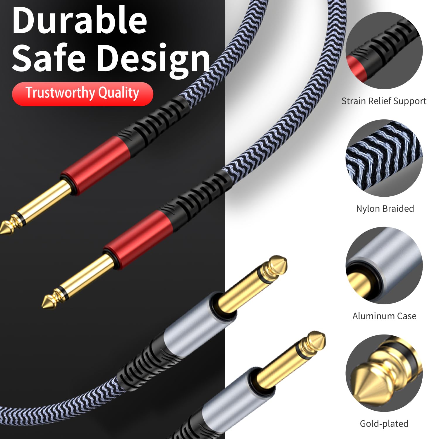 Cable TS de guitarra de 1/4 de pulgada de 25 pies, paquete de 2 rectos a rectos, cable de instrumento mono de 1/4 pulgadas, cable de audio de 1/4 a 1/4 para guitarra, bajo, teclado, mezclador