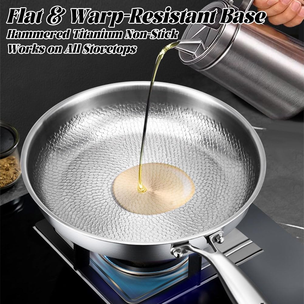 Titanium Frying Pan for Cooking, Hammered Non-Stick Titanium Pan with Lid, Scratch-Resistant & Durable Titanium Skillet for Healthy Cooking (8inch)