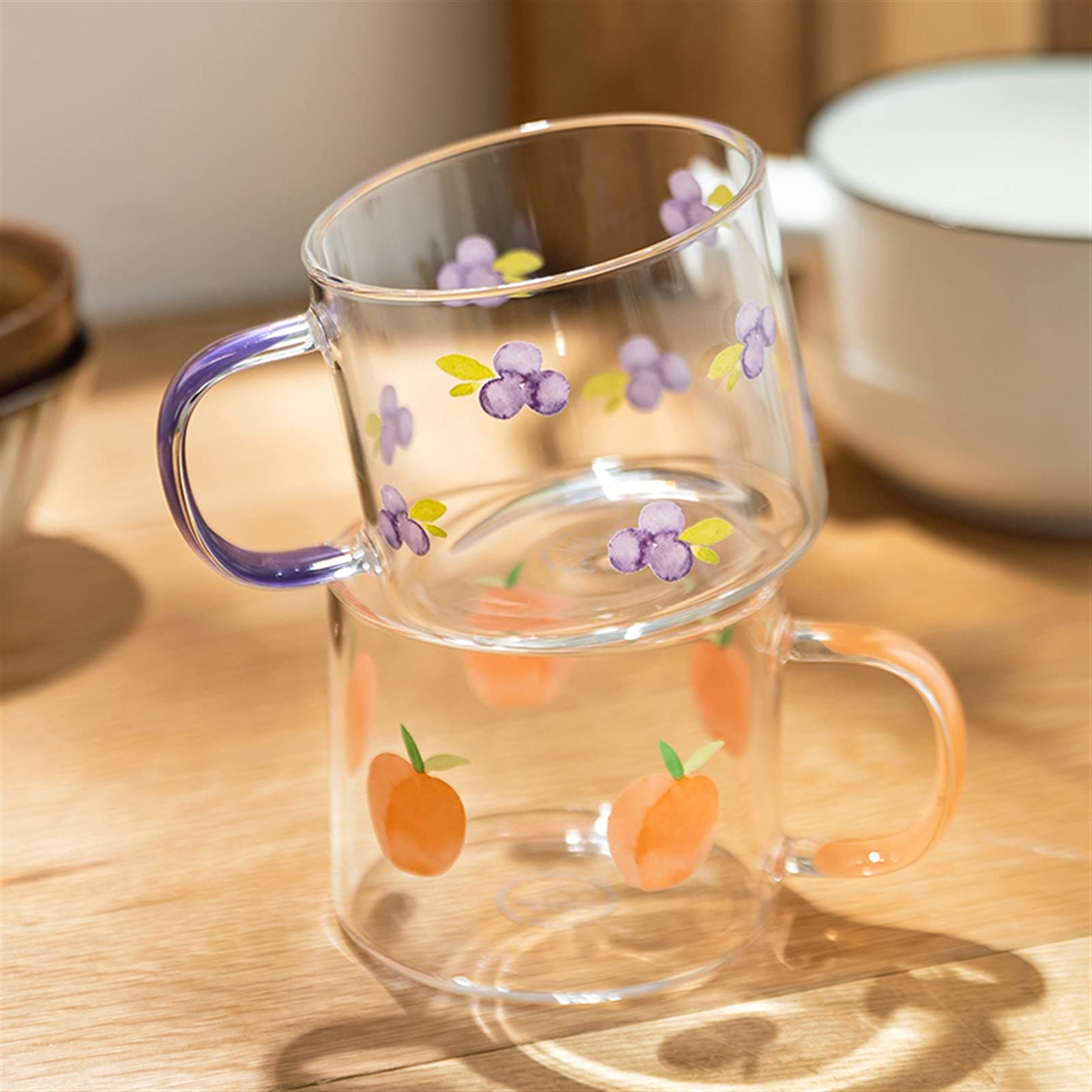 Becher 400 ml Fruchtmuster Glasbecher mit Griff Transparent Frühstück Milch Hafer Tasse Büro Zuhause Paar Wasserbecher Küche Trinkgeschirr Kaffeetasse (Farbe: Traube)