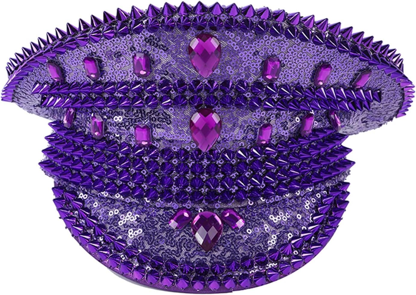 Punk Rivet Sequin Captain Hat Great for Hen Do, Stag Do, Music Festival, Mardi Gras and Themed Party(Purple)