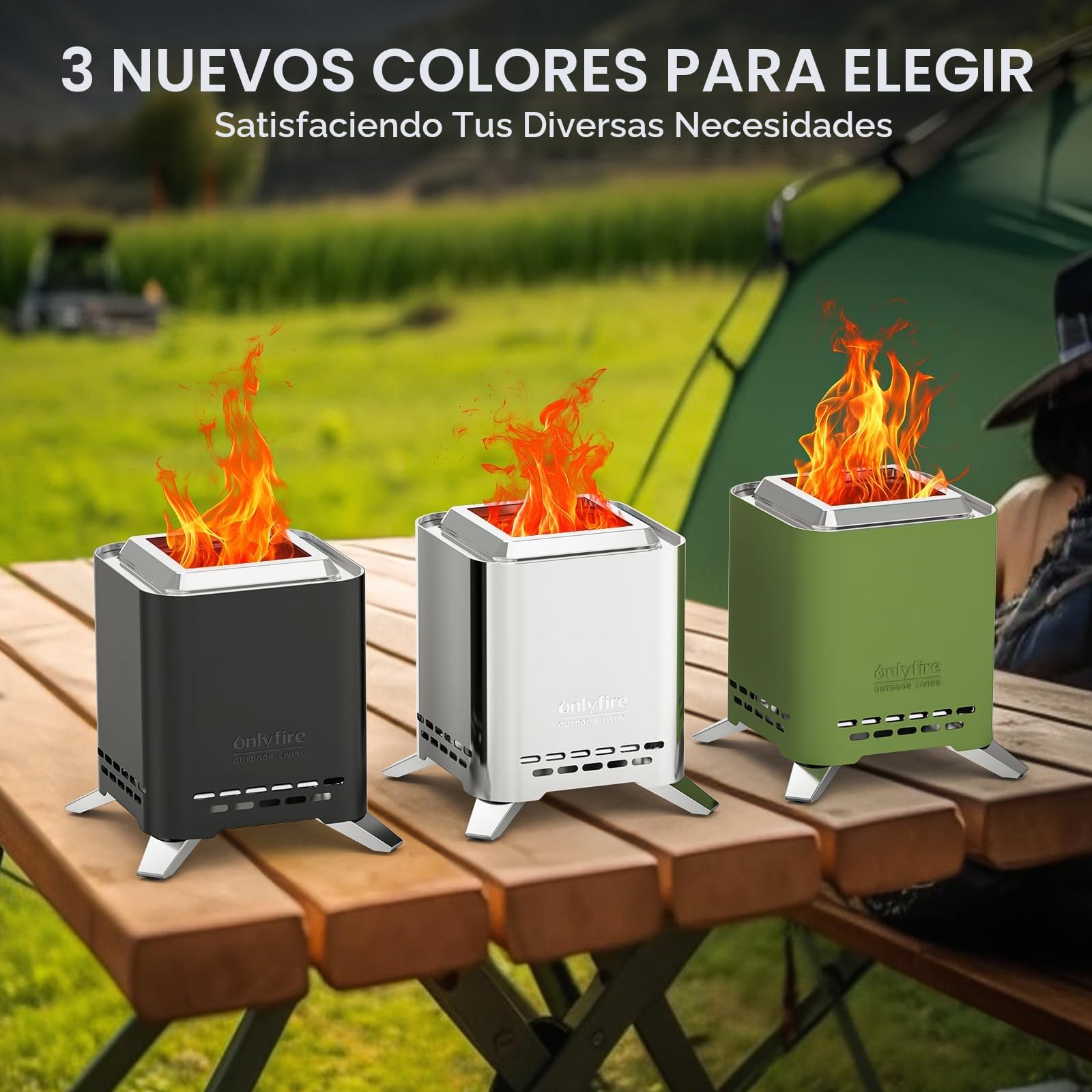 Onlyfire 16,5 cm Cuadrado Brasero sin Humos de Mesa, Mini Brasero Portátil con Soporte para Macetas y Bolsa de Transporte, para Acampar Al Aire Libre Tailgating Patio Trasero, Acero Inoxidable, Negro