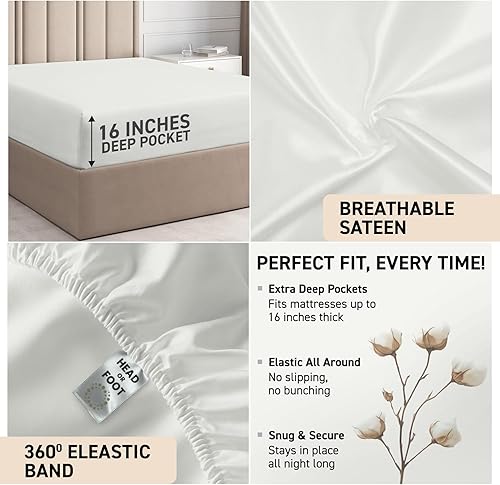 Miniatura 5 de Juego de sábanas de 100% algodón egipcio dividido tamaño King, sábanas de 1000 hilos de 7 piezas de algodón para cama ajustable, suaves y sedosas,