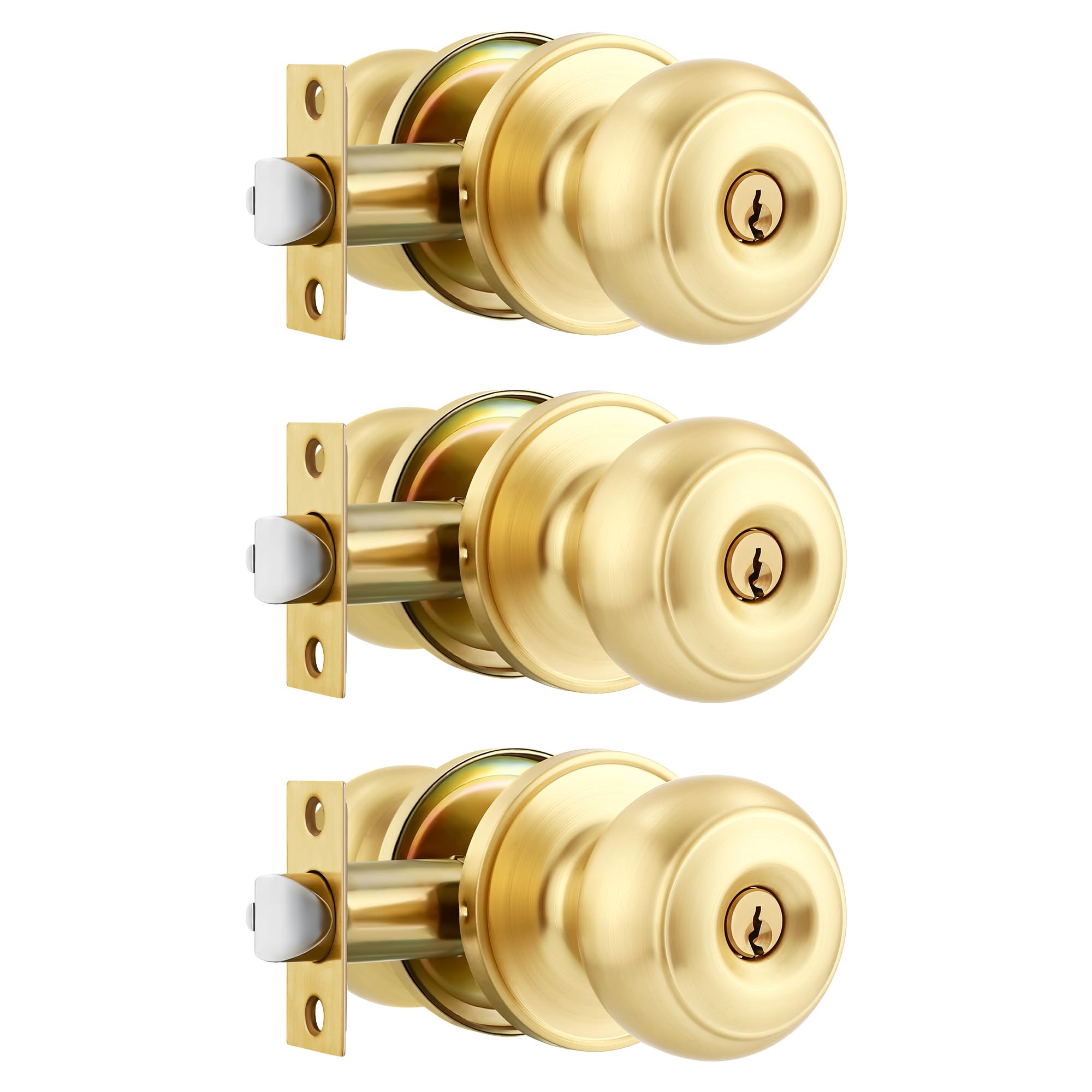 Heittis 3 Pack Gold Ball Door Knob, Satin Brass Round Front Door Handle Gold Entry Door Lock for Right or Left Handed Doors