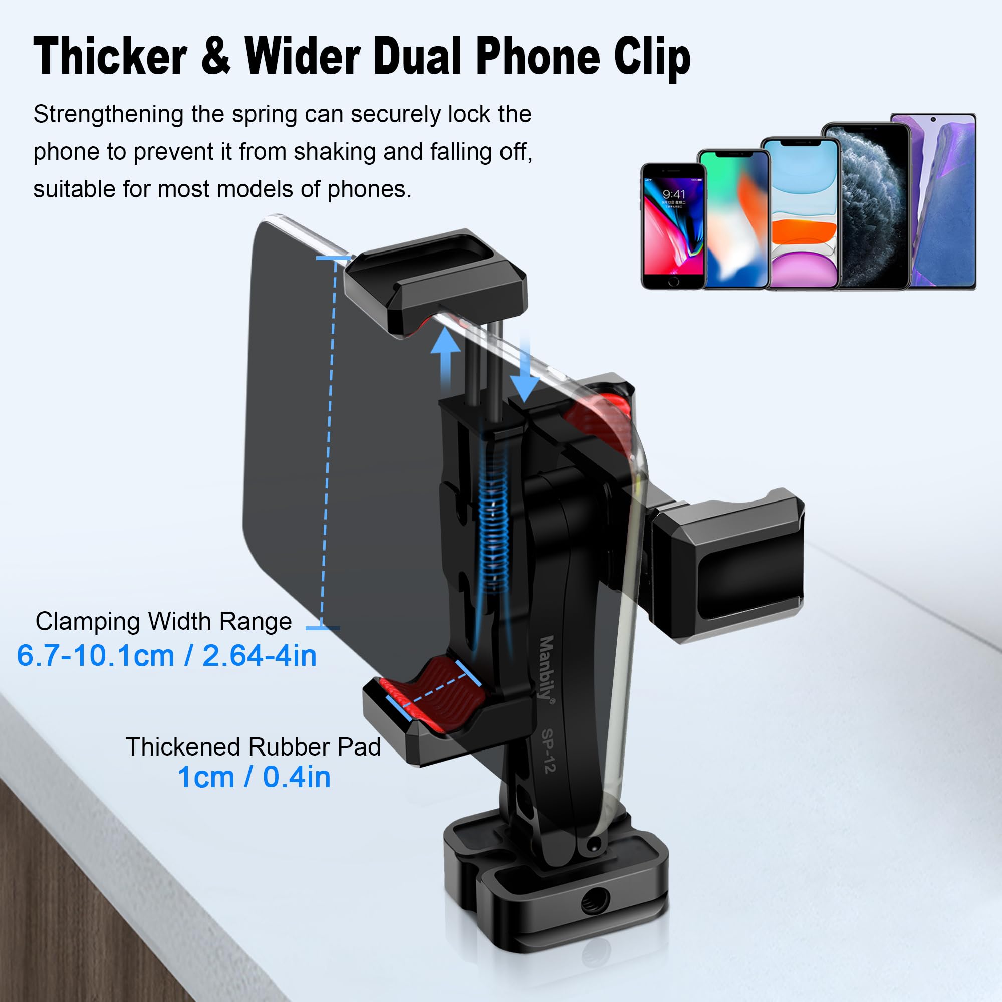 Manbily Soporte de trípode para teléfono, adaptador de metal para smartphone con soporte doble para teléfono, giratorio de 360°, abrazadera de clip ajustable compatible con teléfonos celulares iPhone,