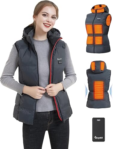 Eoyekli Chaleco térmico ligero para mujer, capucha térmica desmontable y batería de 7.4 V 16000 mAh, chaleco térmico de ajuste delgado para mujer