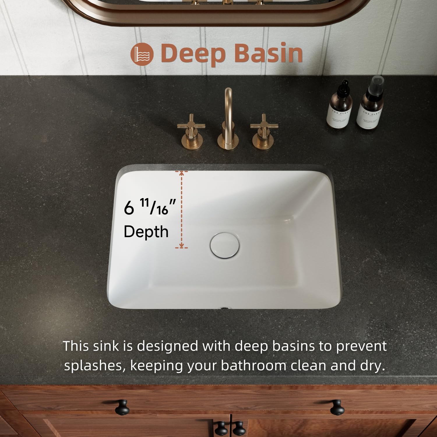 Fregadero de baño rectangular de 51 cm x 38 cm, de cerámica blanca con desbordamiento, ahorro de espacio, de porcelana vítrea, bajo encimera