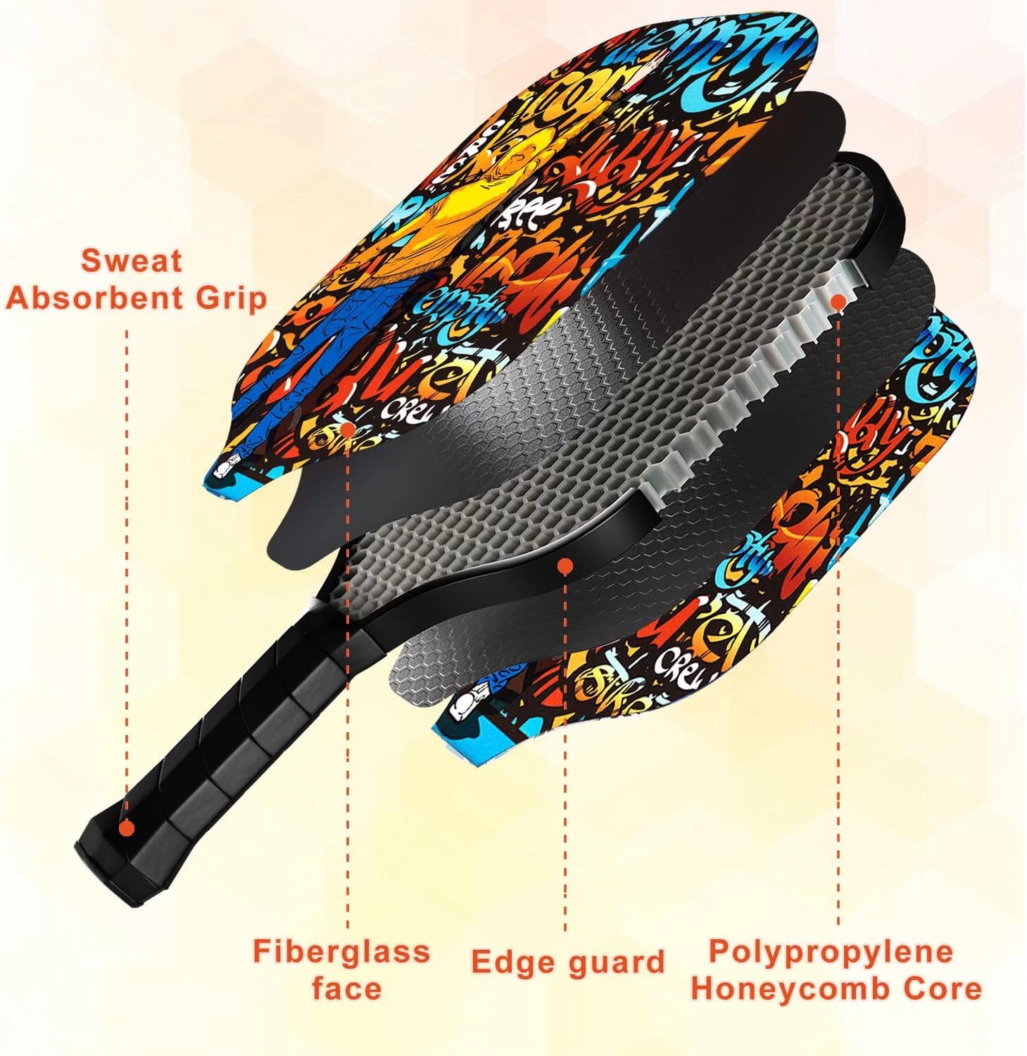 ElevensElevens Pickleball Paddles, Pickleball Paddle Set of 2/4, Fiberglass Surface, Polypropylene Honeycomb Core, Cushion Grip, 4 Balls and 1 Storage Bag for Men Women Kids Indoor Outdoor