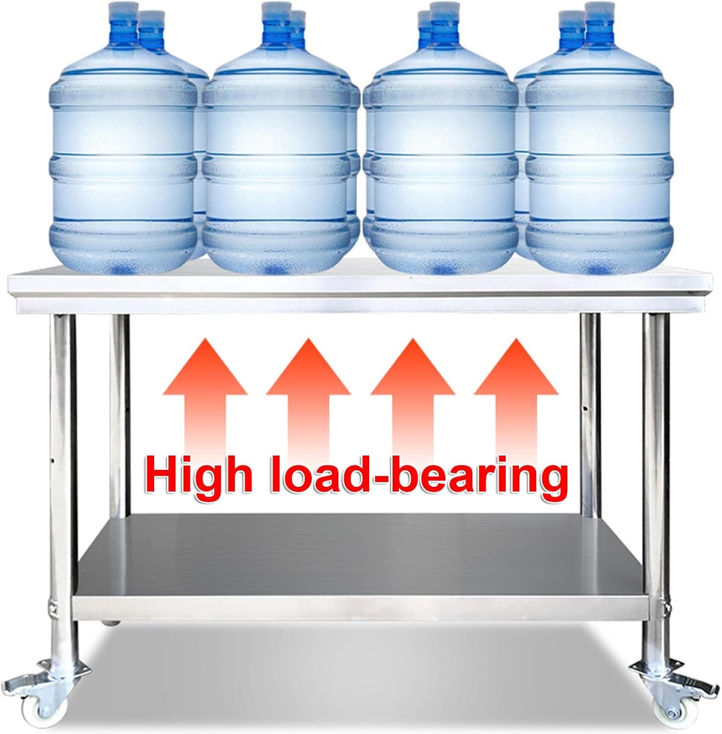 Double Deck Work Table with Wheels Kitchen Prep Table with Adjustable Legs Open Storage Shelves Stainless Steel Metal Table with Solid Structure for a Wide Range of Applications