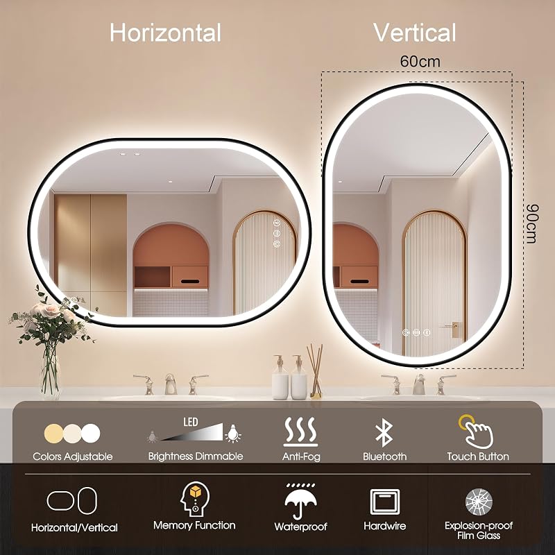 STARLEAD Ovális LED Fürdőszobai Tükör 90x60 cm - Bluetooth Hangszóróval, Fényerőszabályzással, 3 Színhőmérséklettel, Páramentesítővel, Feket