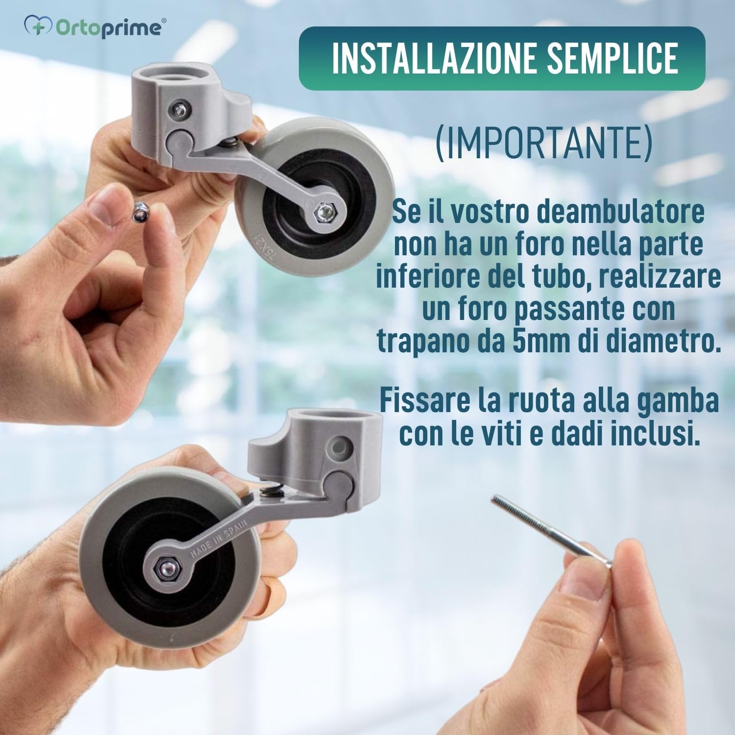 OrtoPrime ruote per carrello - ruote per deambulatore per Anziani - Ricambio Ruote Adattabili a Girello per Anziani - Ruote Deambulatore per tubi da 30 mm 25 mm e 22 mm - Facile Installazione.