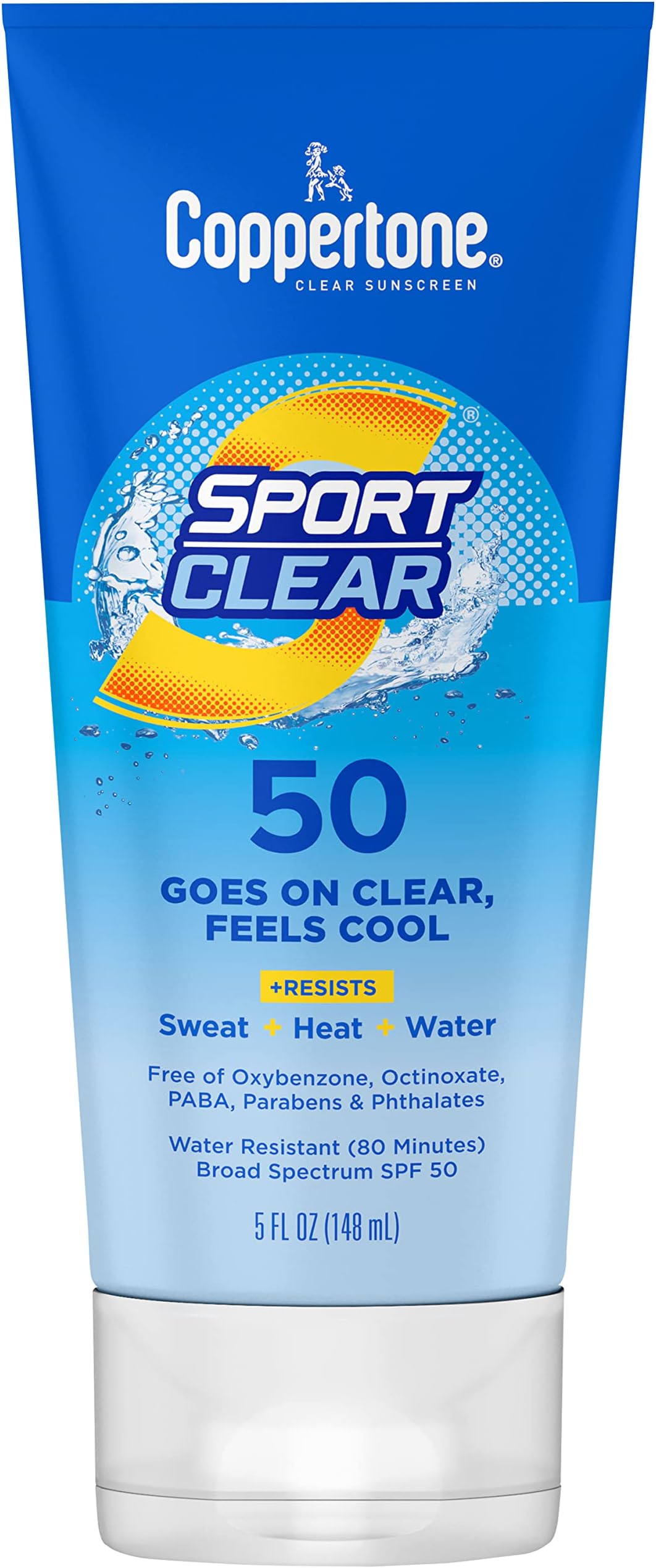 Coppertone Sport Clear SPF 50 Sunscreen Lotion, Water Resistant, Non-Greasy, Broad Spectrum UVA/UVB Protection, Clean, Cool, 5 Ounce