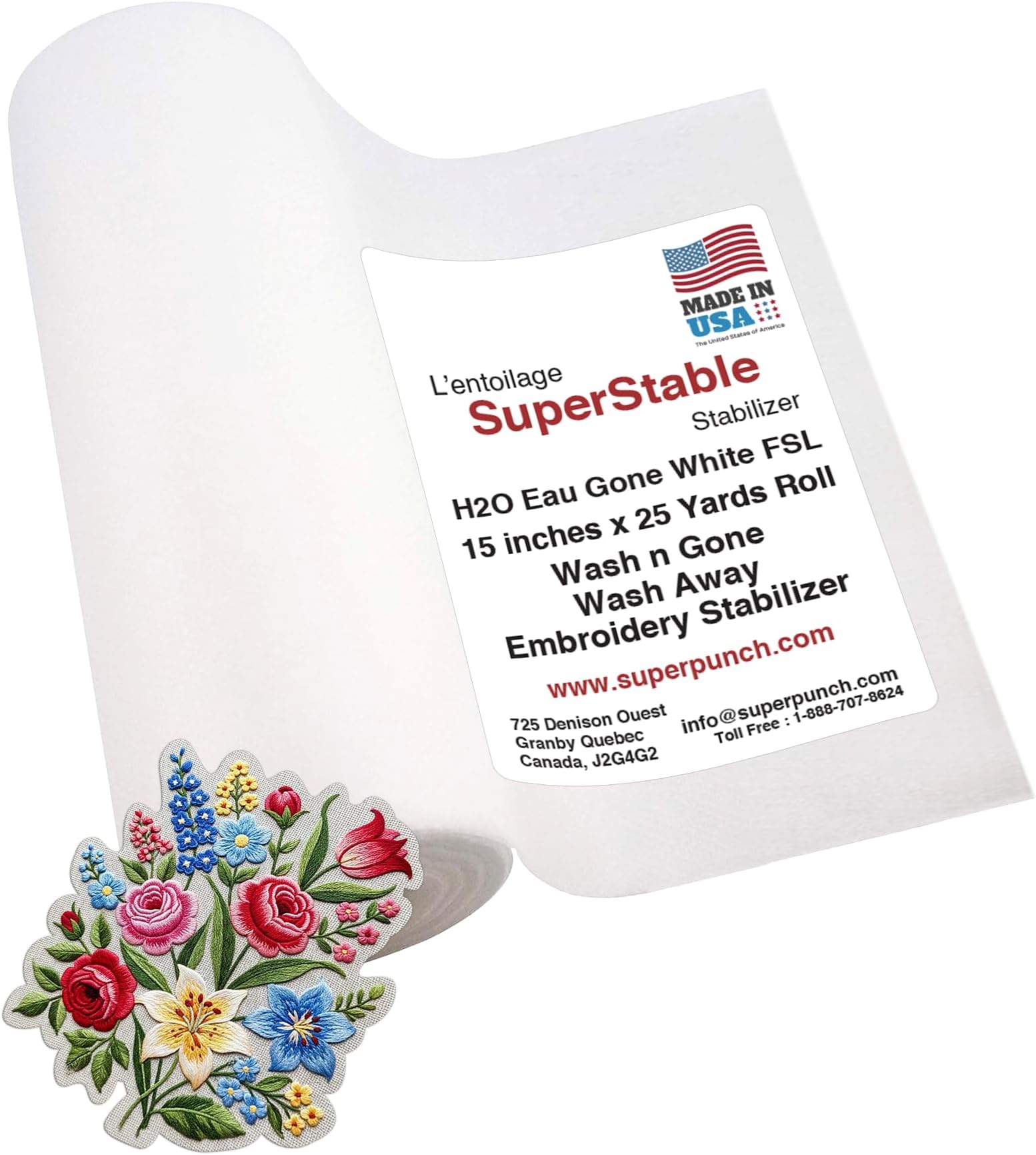 Wash Away Stabilizer, SuperStable H2O Eau Gone White FSL 15 inch x 25 Yard Roll - Machine Embroidery Stabilizer Backing, Wash n Gone Wash Away for Free Standing Lace, Made in USA
