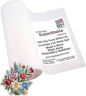 Superpunch Wash Away Stabilizer, SuperStable H2O Eau Gone White FSL 15 inch x 25 Yard Roll - Machine Embroidery Stabilizer Backing, Wash n Gone Wash Away for Free Standing Lace, Made in USA
