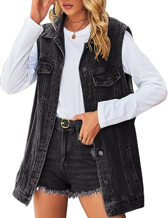 Womens Oversized Denim Vest Mid Long Jean Vest Sleeveless Button Down Distressed Jackets