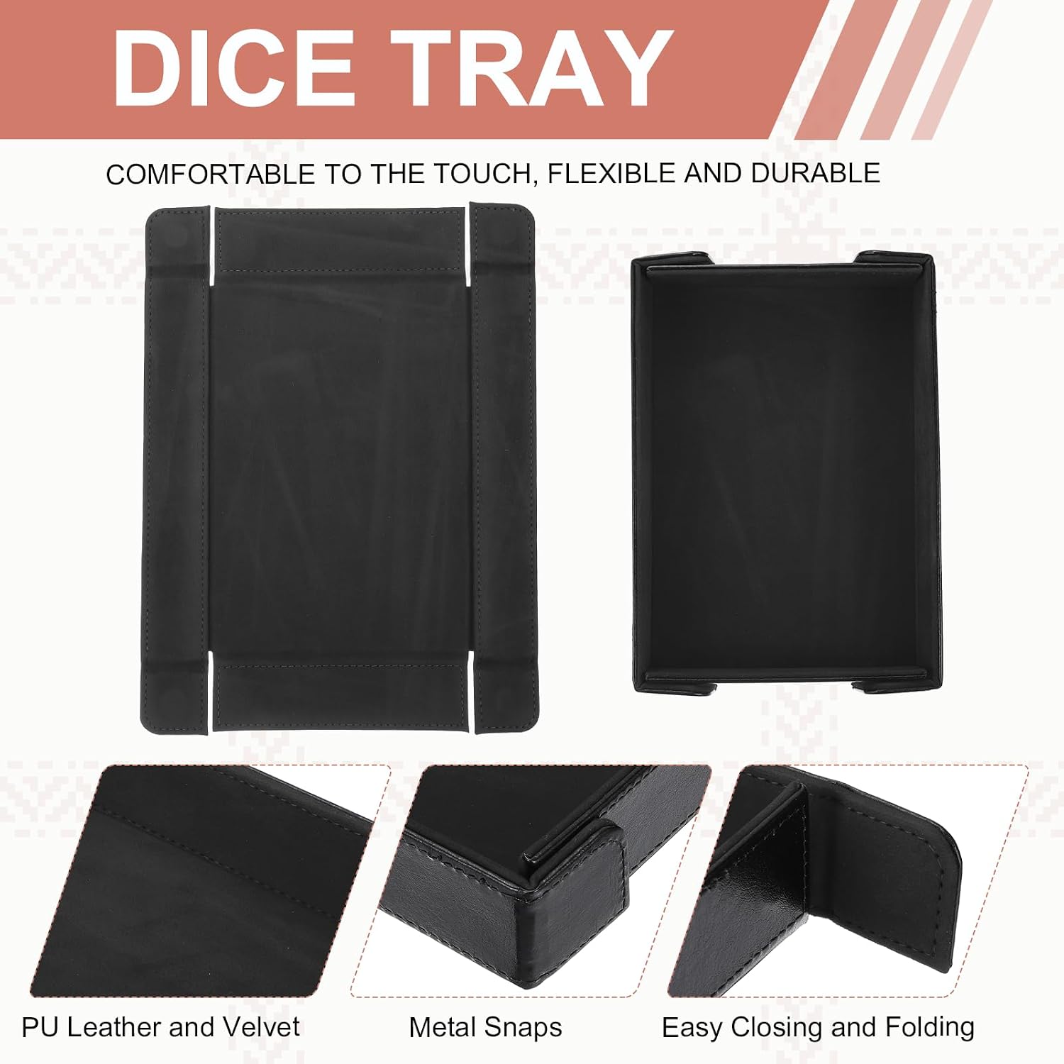 Dice Tray PU Leather Felt Lining Mat Magnetic Folding Dice Rolling Tray Holder Rectangle Storage Box Perfect for DND Table Games & Entryway & Nightstand Organizer (Black) image 3