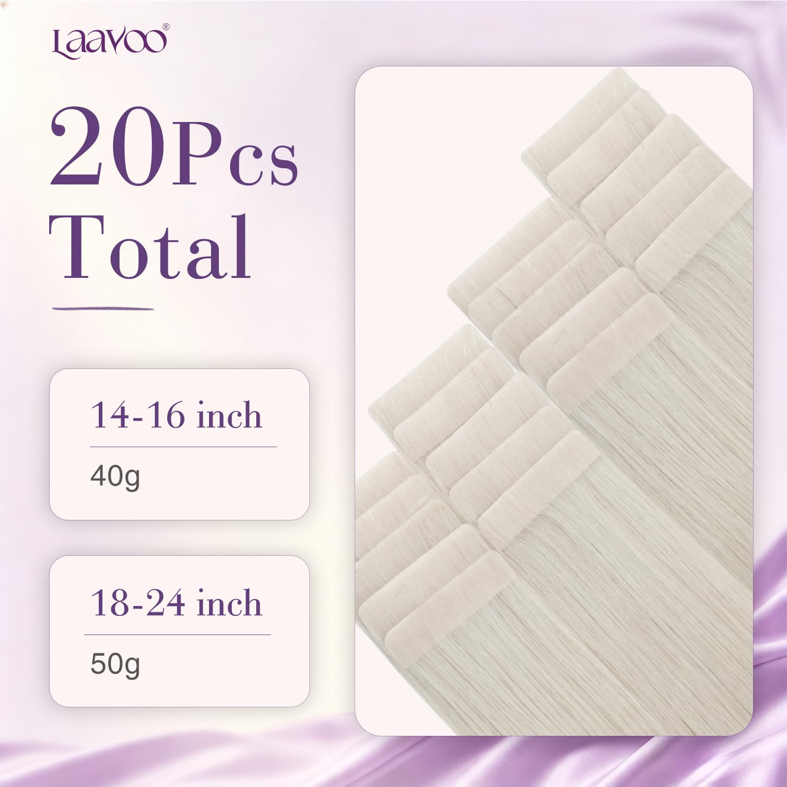 LaaVoo Extension Adhesive Cheveux Naturel Blanc 40cm 20pcs