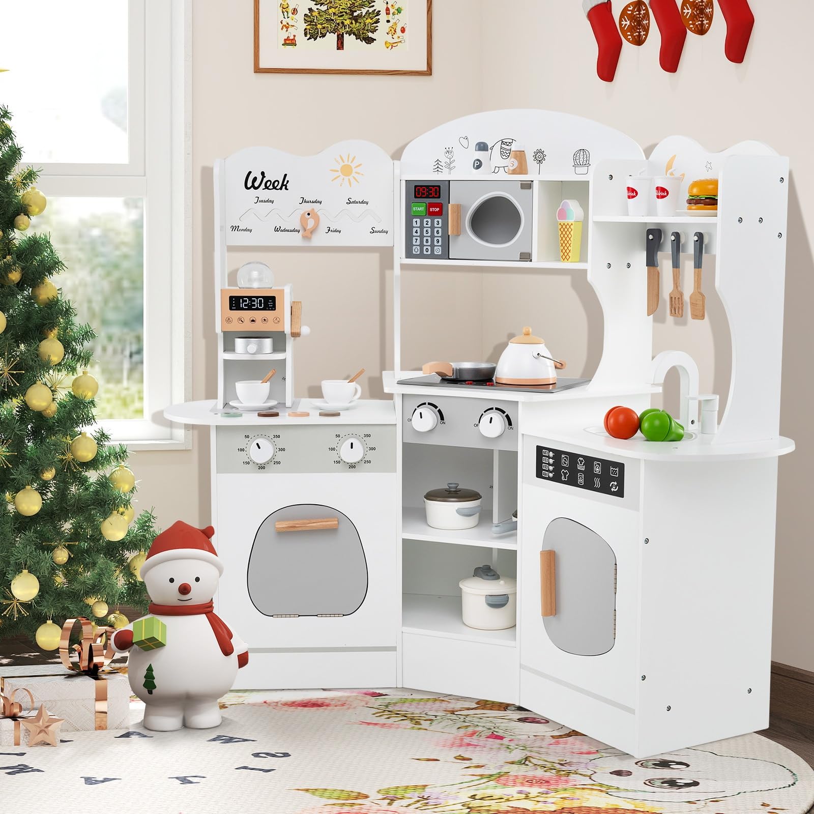 RELAX4LIFE Cucina Giocattolo per Bambini, Mini Cucina Angolare in Legno con Luci e Suoni Reali, Utensili, Set Giocattoli per Bambini 3+ Anni, 105 x 30 x 95 cm (Bianco)