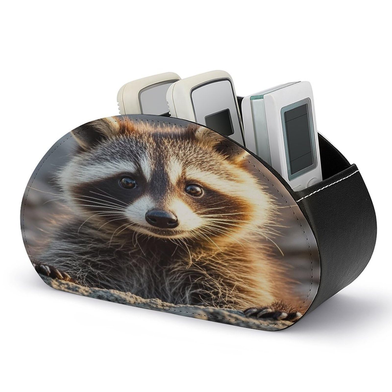 LZQPOEAS Cute Raccoon Remote Control Holder with 5 Compartments PU Leather Remote Organizer Box Caddy for Table Nightstand Remote Caddy Desktop Organizer Fits Media Controllers