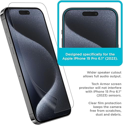 Miniatura 3 de Tech Armor Protector de pantalla para iPhone 15 Pro de 6.1 pulgadas, película transparente HD, máxima protección de pantalla, claridad cristalina,
