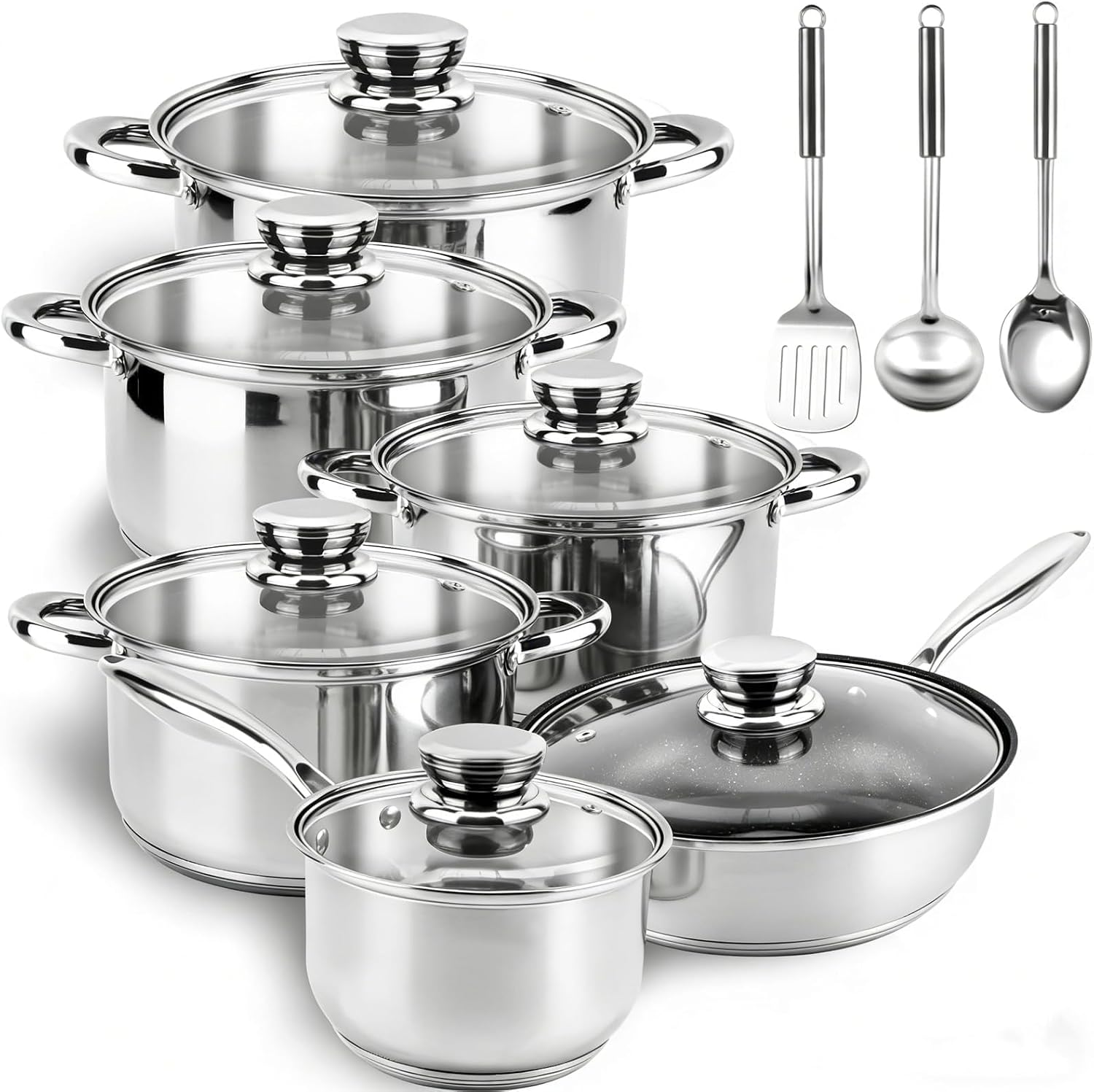 Saucepan Set Cookware Stainless Steel – 15-Piece Pots and Pans Set with 5-layer Base for Quick Even Heating, Non Stick-Free Cookware, Induction Pan Set Oven Safe with Stay-Cool Handle
