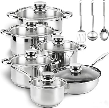 Saucepan Set Cookware Stainless Steel - 15-Piece Pots and Pans Set with 5-layer Base for Quick Even Heating, Non Stick-Free Cookware, Induction Pan Set Oven Safe with Stay-Cool Handle