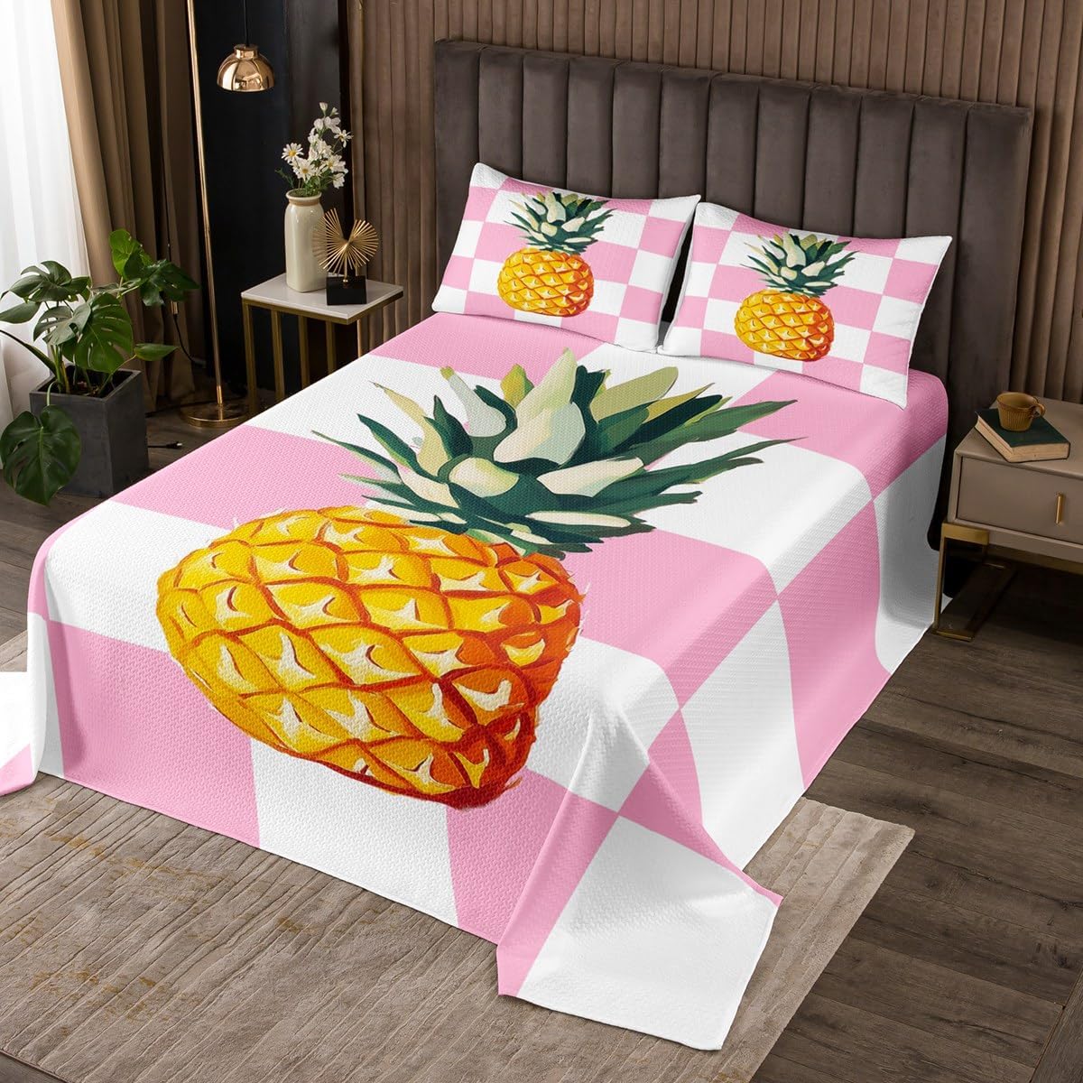 jejeloiu Cute Pineapple Fruit Bedspread 2Pcs Twin Size Kids Pink Checkered Coverlet Set for Boys Girls Grid Quilted Coverlet,Microfiber