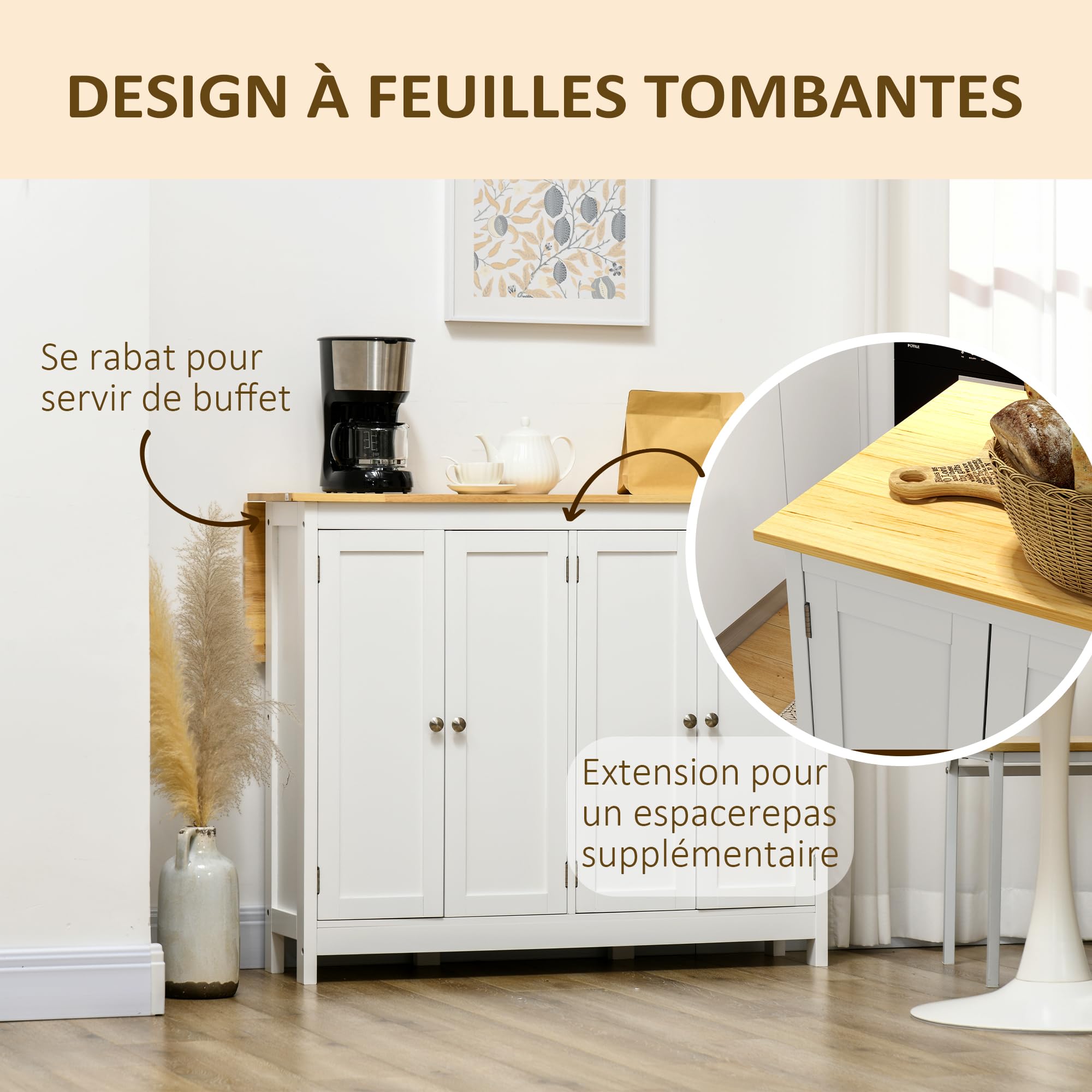 HOMCOM îlot Central de Cuisine avec 2 tabourets, Ensemble Table et Tabouret de Bar, avec 2 armoires, Rangement et Plan de Travail Rabattable, 4 Portes, Design Moderne, Blanc