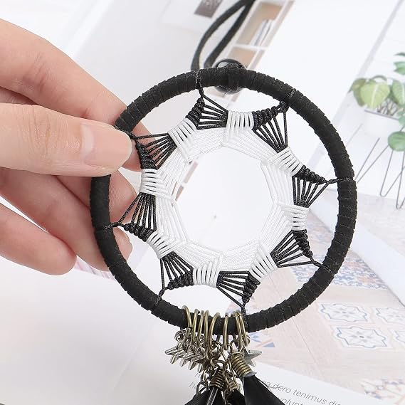 Dream Catcher Car Interior Rearview Mirror Hanging Decor Handmade Grids Nature Feather Small Boho Car Charms Pendant Accessories (Black and White)