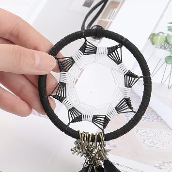 Dream Catcher Car Interior Rearview Mirror Hanging Decor Handmade Grids Nature Feather Small Boho Car Charms Pendant Accessories (Black and White)