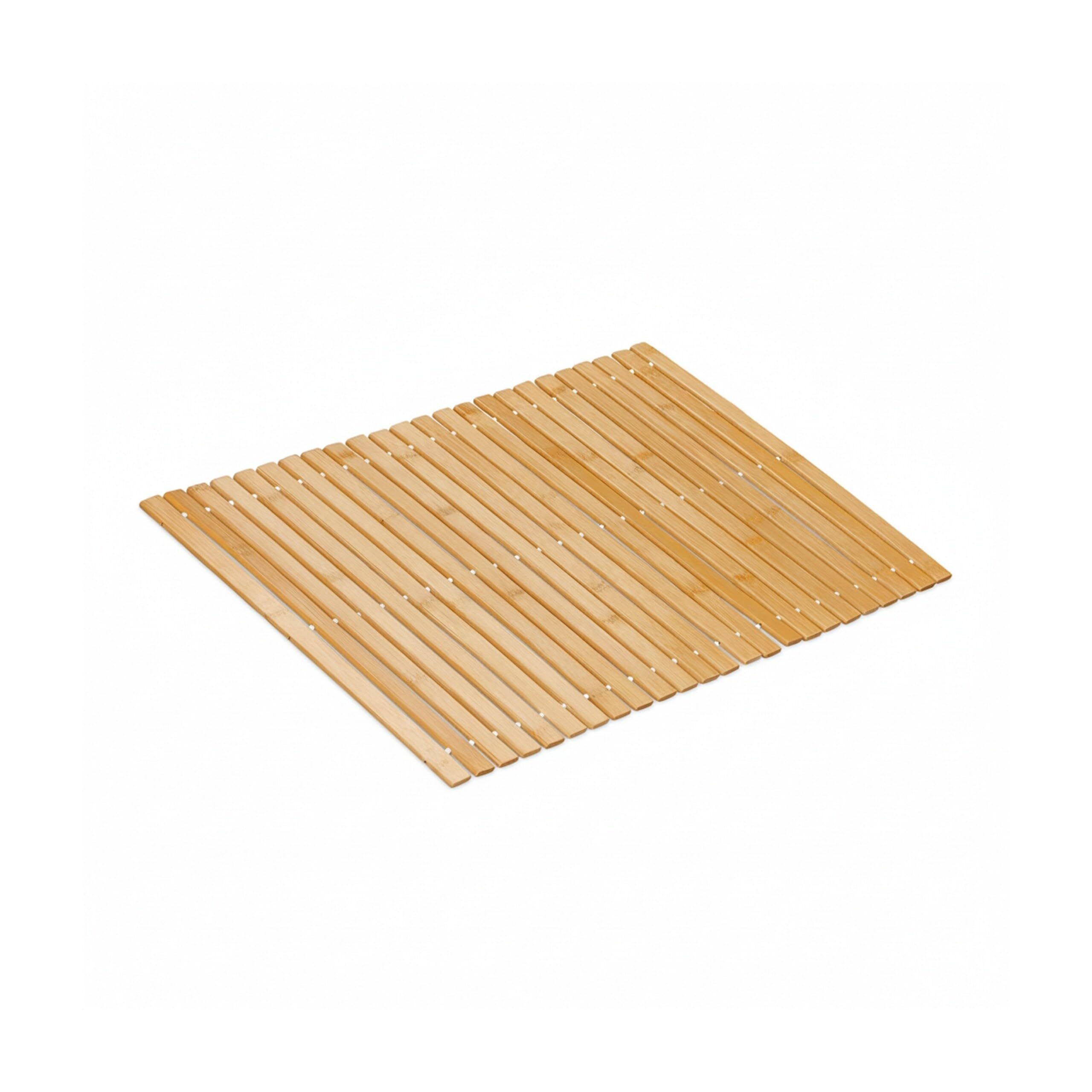 Relaxdays Alfombra Baño de Bambú, 60 x 40 cm, Esterilla Ducha Antideslizante, Enrollable, con Cuentas, Natural y Blanco