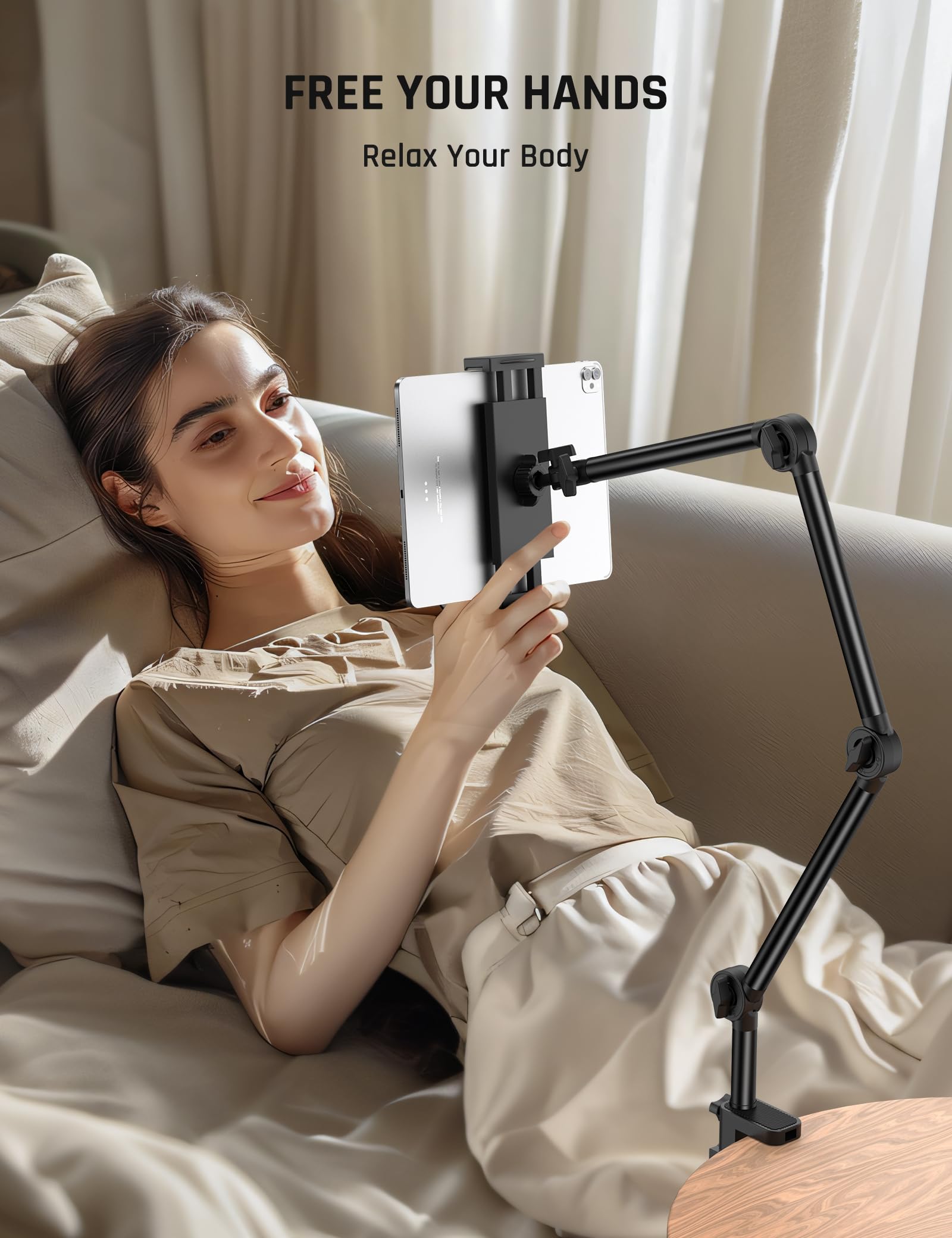 Jumkeet Support Tablette pour Lit, Support Réglable Rotatif à 360° avec Bras Stable, Bras Pliable pour iPhone Samsung Smartphone Series/iPad/Nintendo Switch/Kindle ou Autres appareils 4,7 à 12,9"