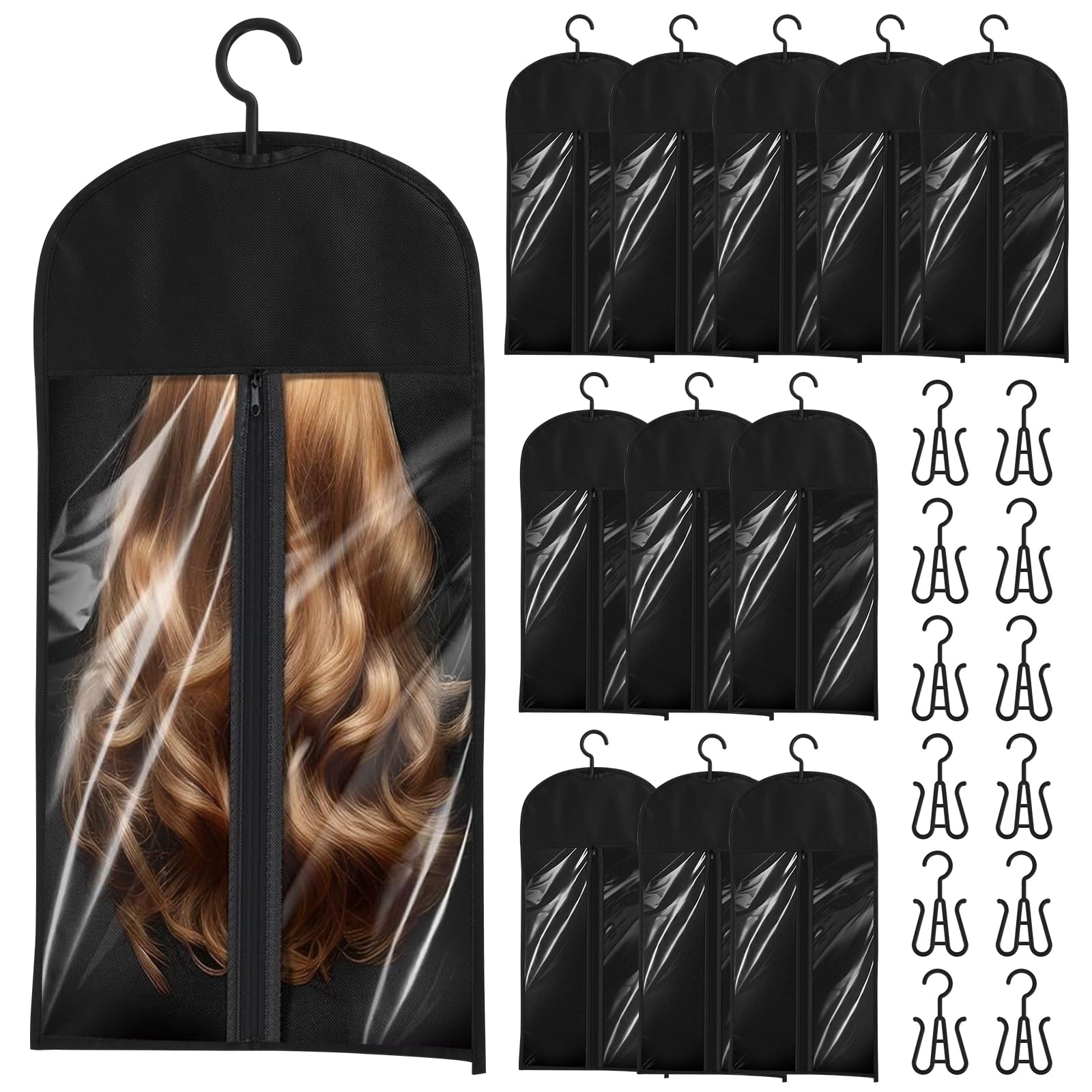 Ktcina 12Pcs 60Cm 12Pcs Hair Extensions Storage Bag With Hanger, 60Cm Waterproof Wig Travel Bags Dustproof Hair Extension Hanger And Bag Wig Storage Bags For Multiple Wigs Hairpieces Extensions (12Pcs 60Cm)
