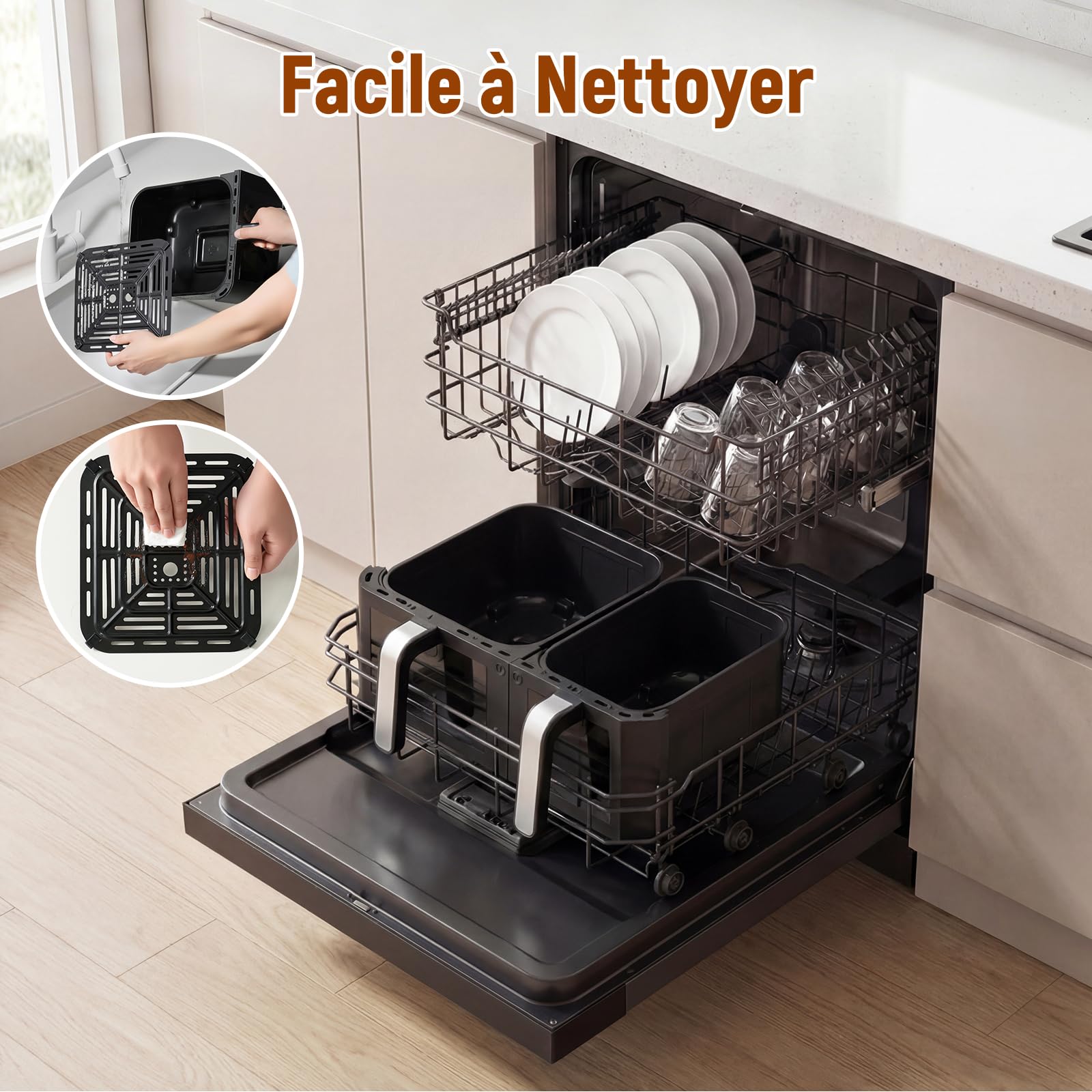 SIMPLUS Friteuse à Air Double Panier 10L, 1800W, Écran Tactile LCD, 11 Programmes, Fenêtre Visible, Four à Air Chaud avec Micro-Vapeur, Noir