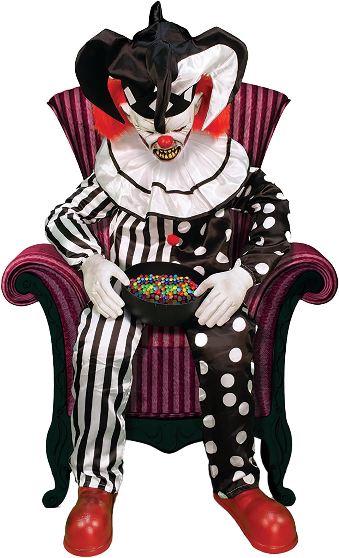 Haunted Hill Farm Hartley The Sitting Scare Clown by Tekky, Motion-Activated Talking Jump-Scare Halloween Animatronic for Halloween Party Prank Decoration, Plug-in or Battery Operated Halloween Props