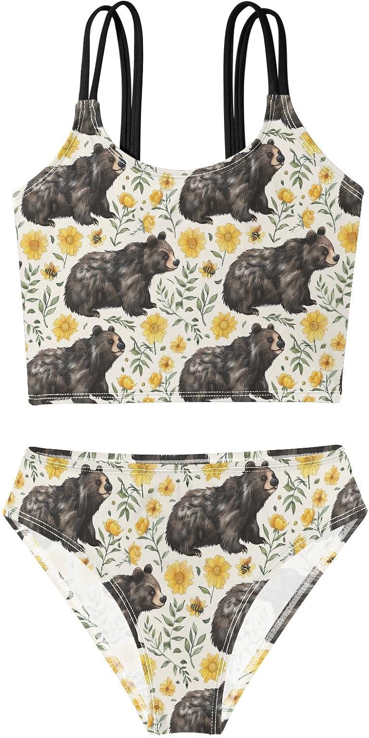 visesunny Girls Two Piece Swimsuits Honey Flower Bear Girl's Bikini Sets Bathing Suits for Girls Size 5-12Y