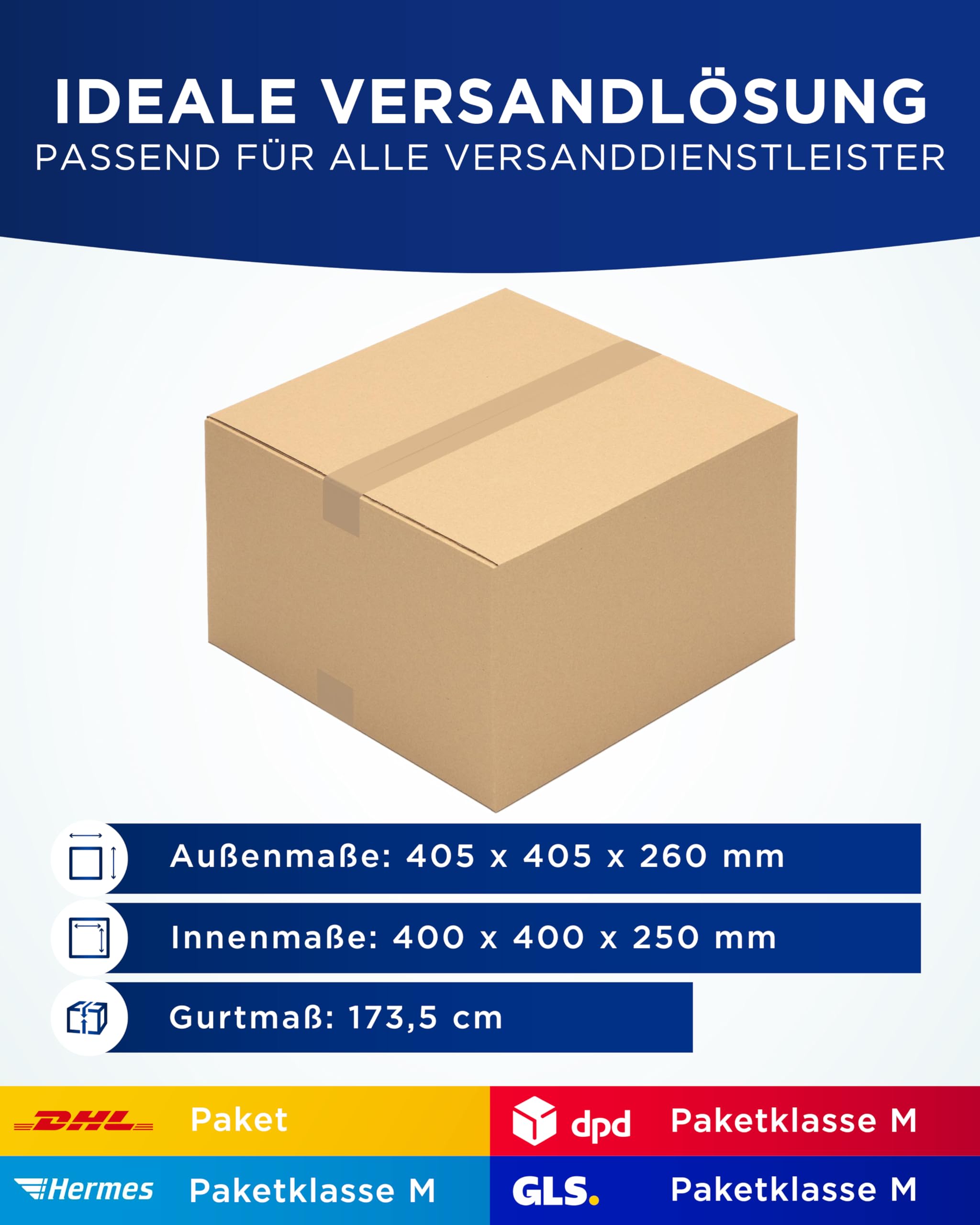 KK Verpackungen Versandkartons 400 x 400 x 250 mm Braun 1-wellig (Außenmaß 405 x 405 x 260 mm) | 50 Stück, Faltkartons Kartons geeignet für Versand als DHL Paket DPD Hermes GLS Paketklasse M (KK30)