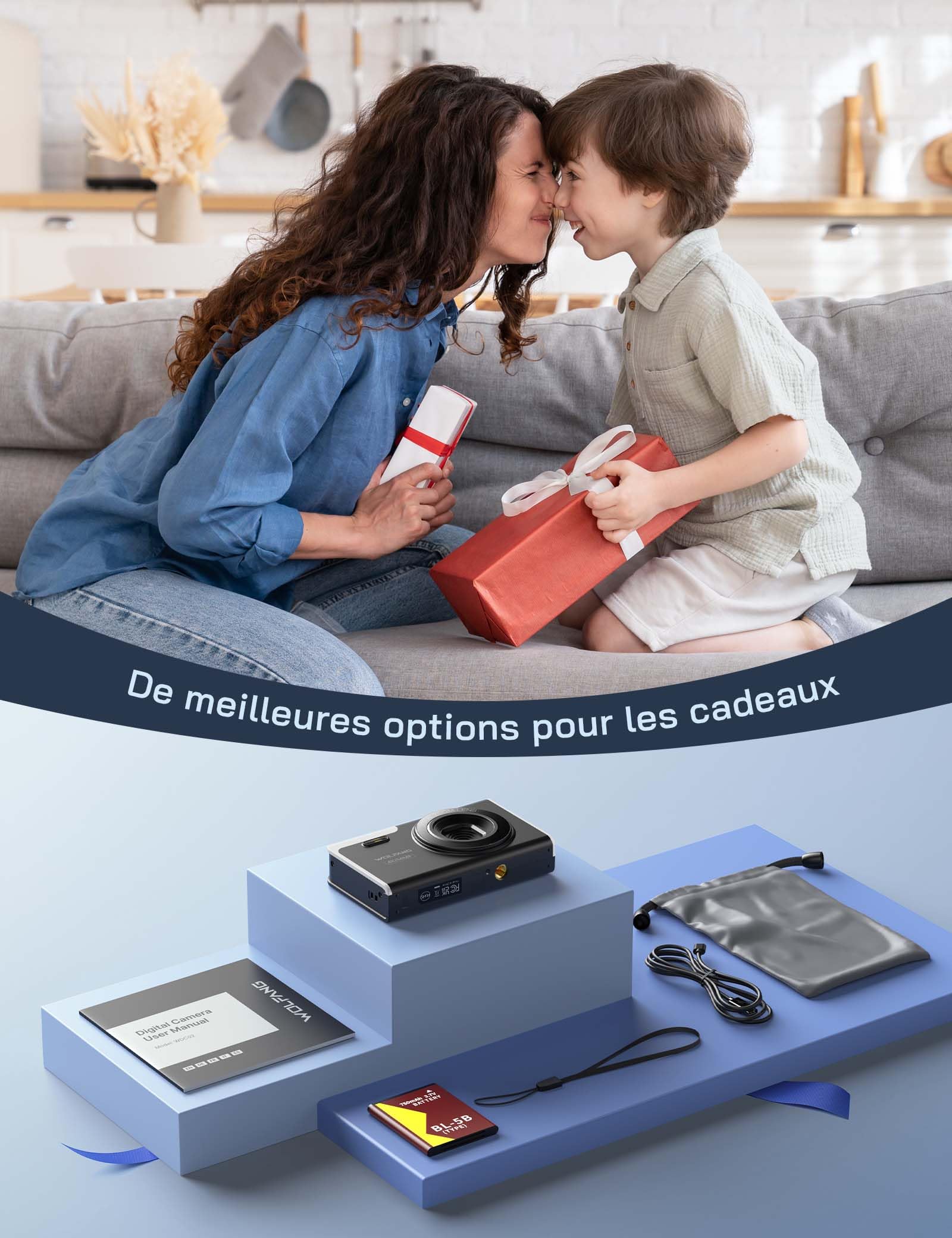 WOLFANG Appareil Photo numérique, caméra 4K pour Enfants, compacte 56 MP, vidéo Zoom numérique 16X, Point de Mise au Point Automatique et Appareil Photo numérique, Cadeau