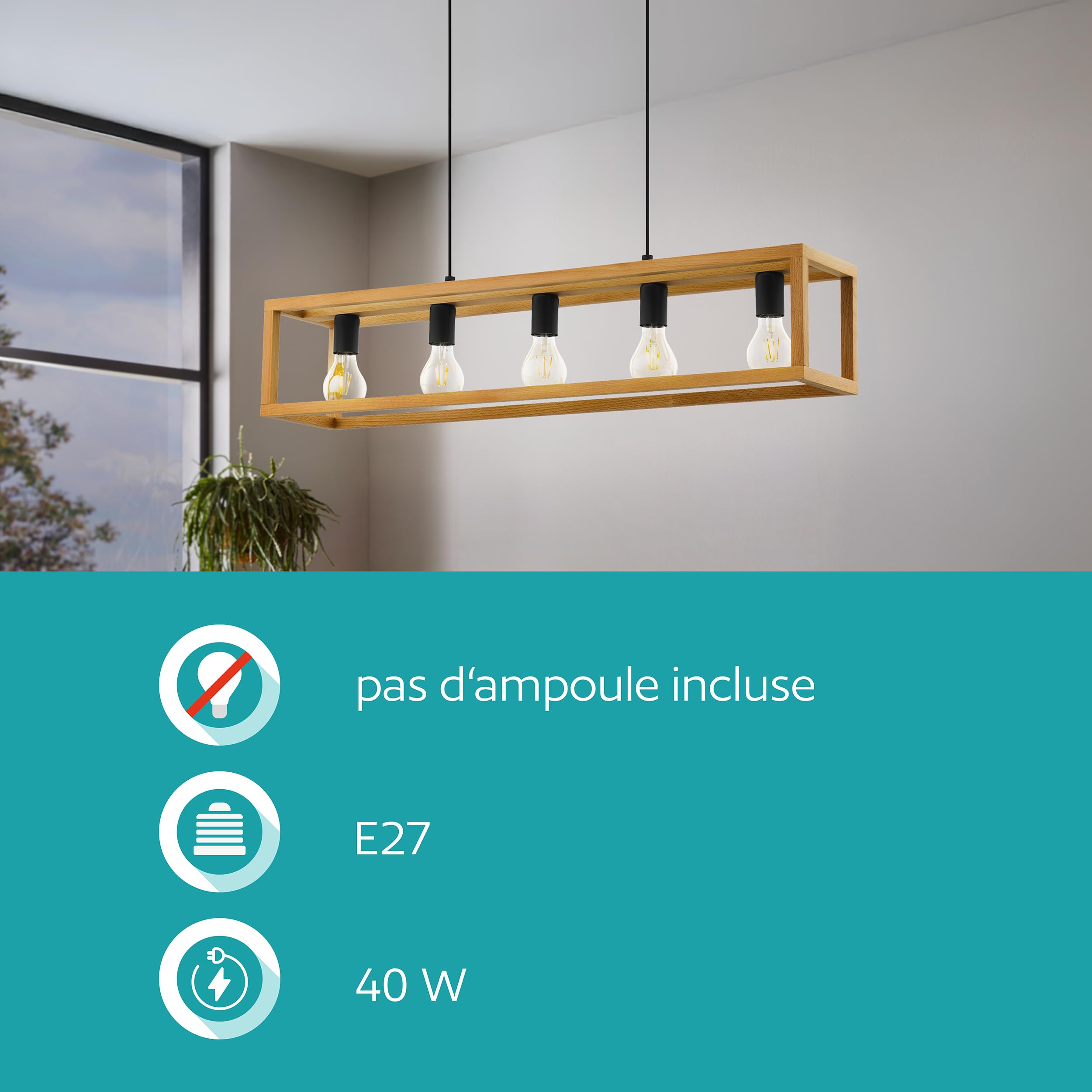Eglo Suspension luminaire Blackcrown, plafonnier suspendu vintage pour | salle à manger, 3 lampes, lustre salon au design nature, bois clair, douille E27, 100 cm
