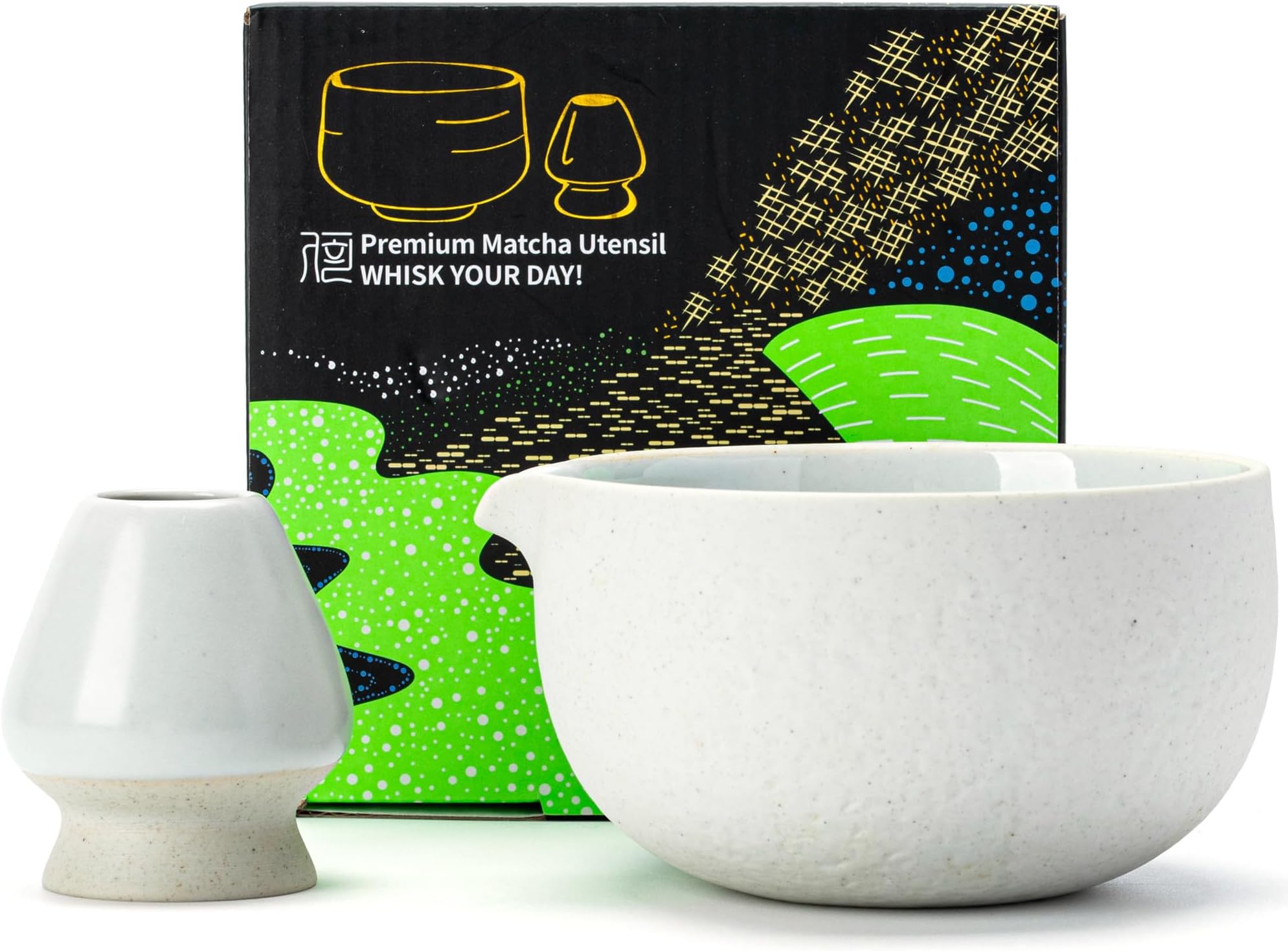 Matcha Bowl with Spout, 2-PCS Ceramic Matcha Bowl and Whisk Holder (Chawan), 18 OZ/510ML White Bowl with Stand, Green Tea Traditional Ceremonial Accessories, Gift Set for Friend, Matcha Set