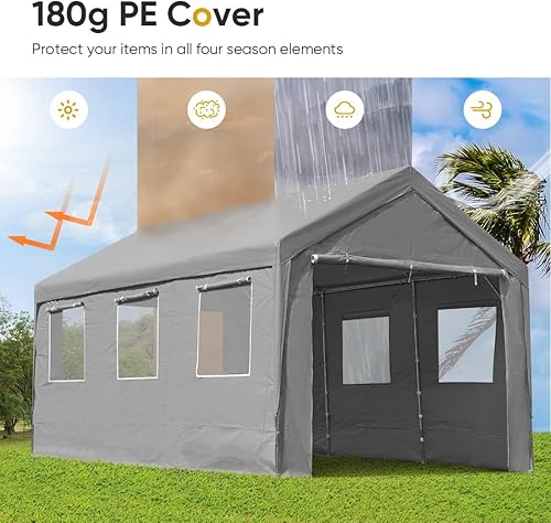 Miniatura 4 de ADVANCE OUTDOOR Cochera ajustable resistente de 12 x 20 pies con 6 ventanas ventiladas enrollables y paredes laterales extraíbles, toldo para