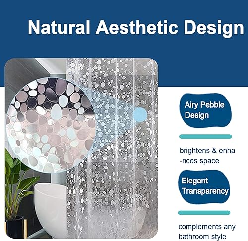 Miniatura 4 de Cortina de ducha con diseño de guijarros 3D, material de PEVA, ojales de plástico de metal con ganchos, tamaño estándar, 70.9 x 70.9 in, color