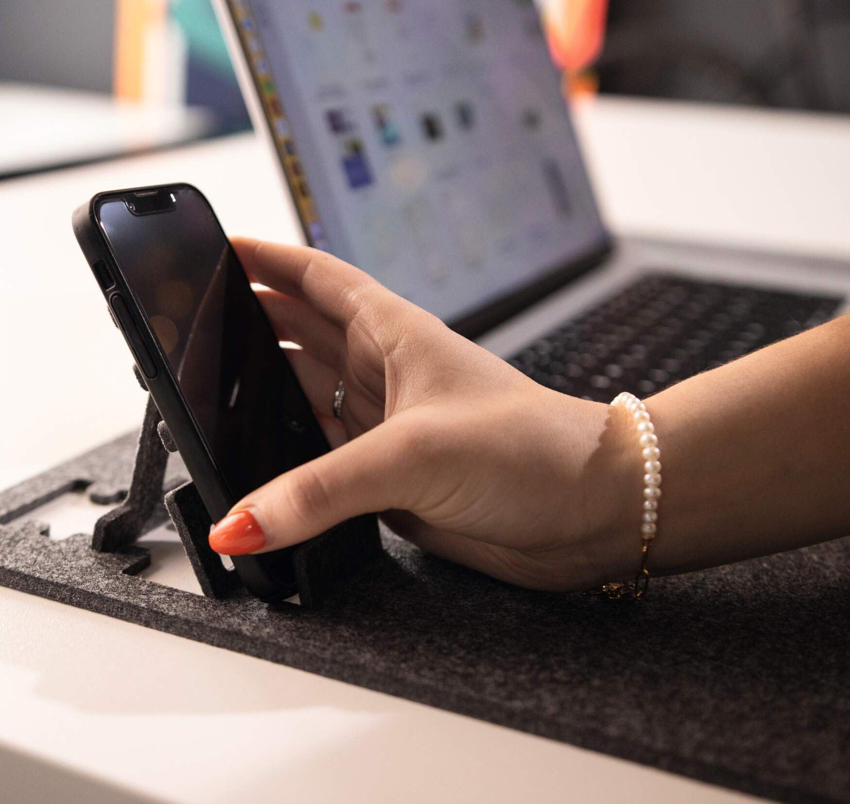 Durable Premium Soft Felt Desk Mat With Fold Out Phone Holder 70x33cm Charcoal 708158 - View #6