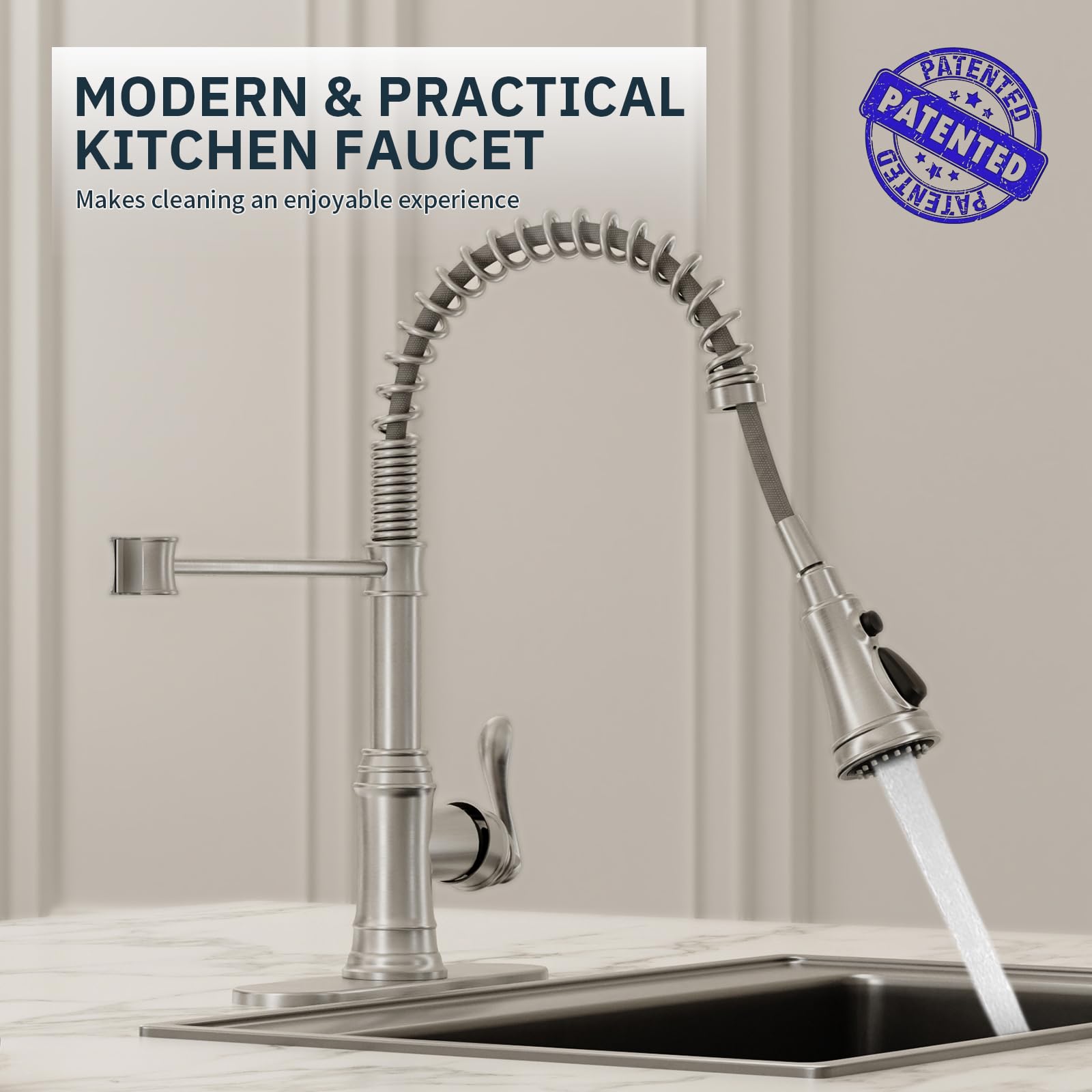 BWE Grifo de fregadero de cocina de níquel cepillado con placa de cubierta, palanca individual de una sola manija con resorte pulverizador extraíble, grifo de cocina de 3 funciones, arco alto, sin