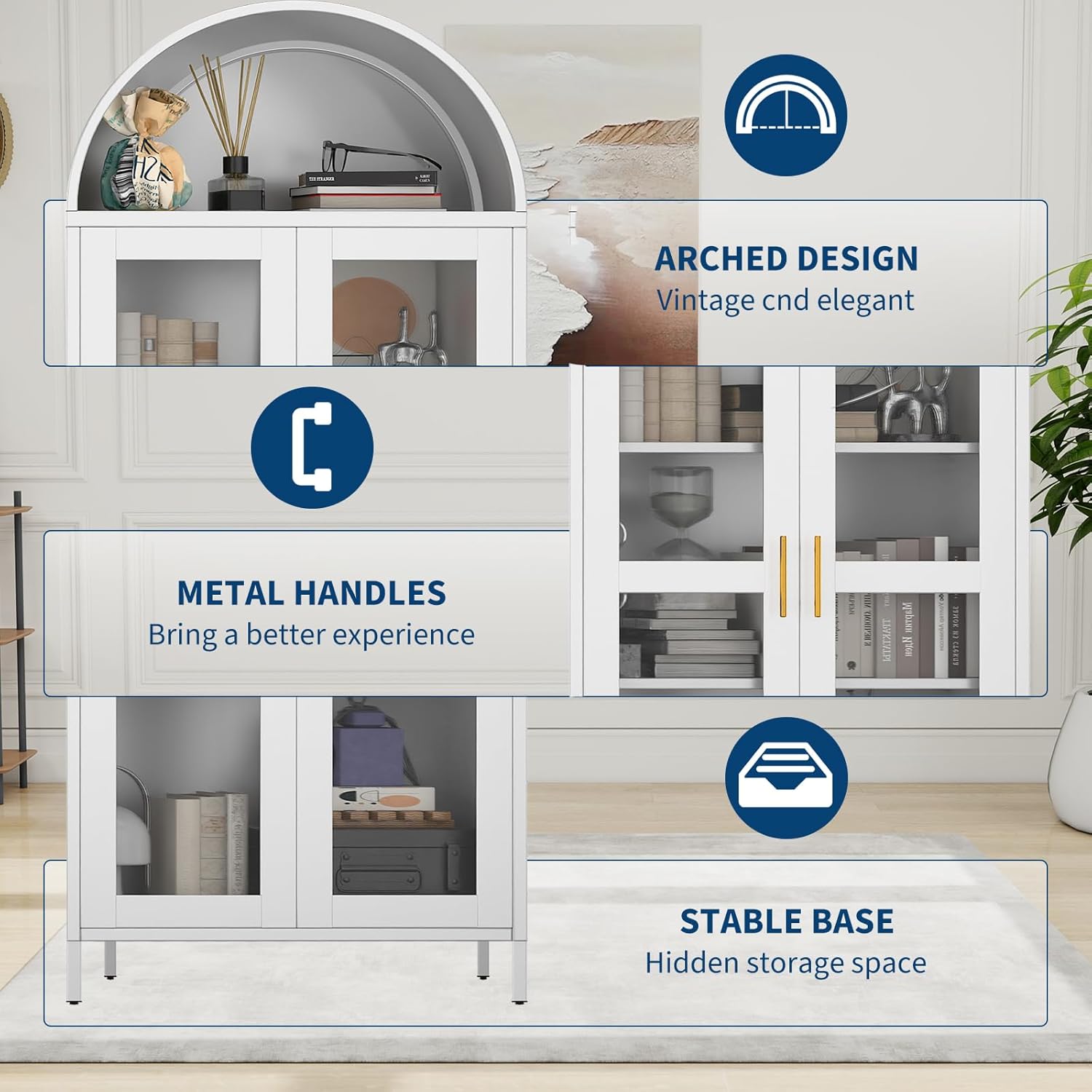 IDEALHOUSE 73In Tall Metal Arched Cabinet, Metal Storage Cabinet with 2 Adjustable Shelves,Modern Kitchen Pantry with Glass Door,Versatile Cupboard for Living/Dinning Room,Assembly Required White