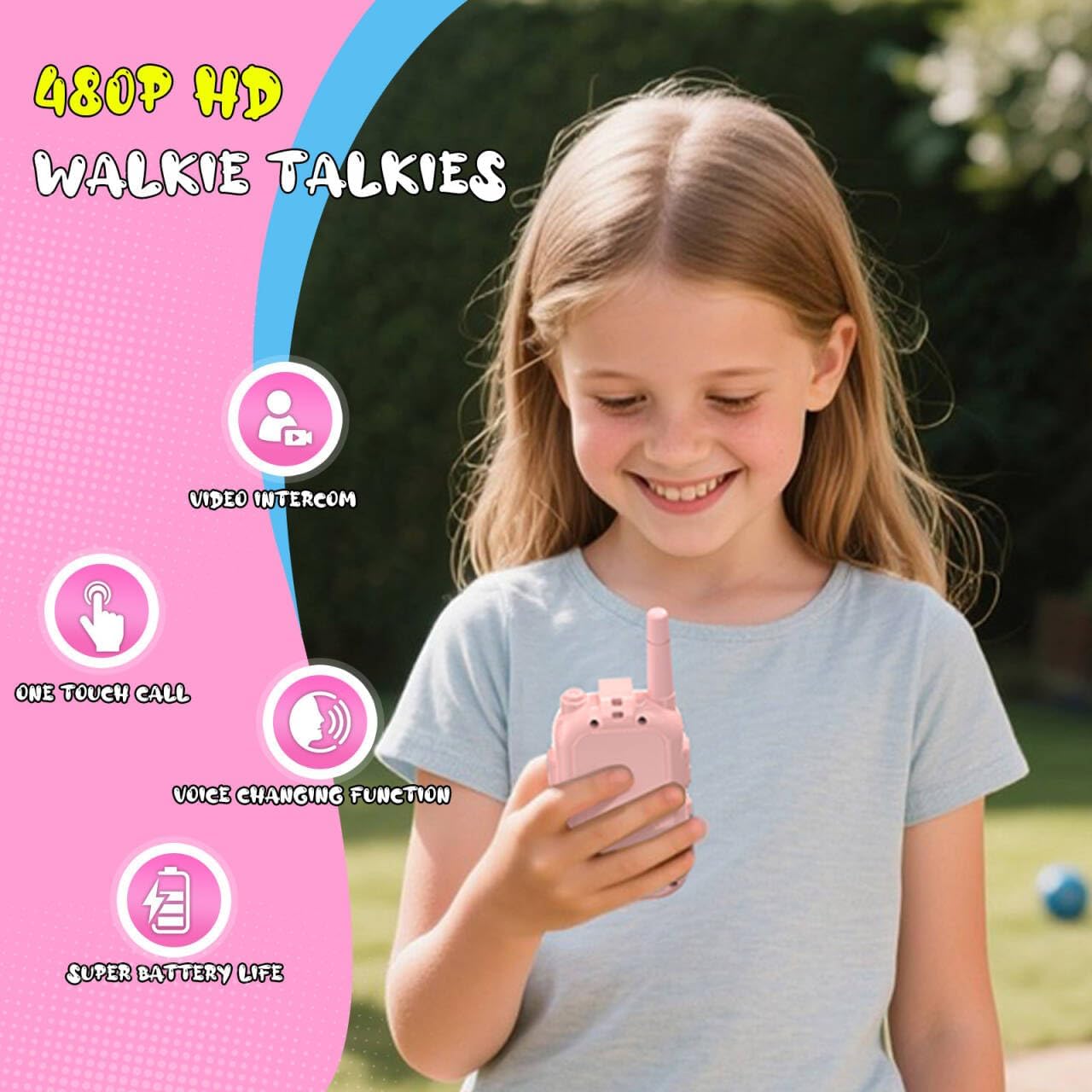 Video Walkie Talkies for Kids with Screen Display, 2 Pack Rechargeable Walkie Talkies with HD Camera, Kids Walkies Talkie Toys for Ages 3-12, Voice Changer & Real-Time Video Chat (Pink & Blue)